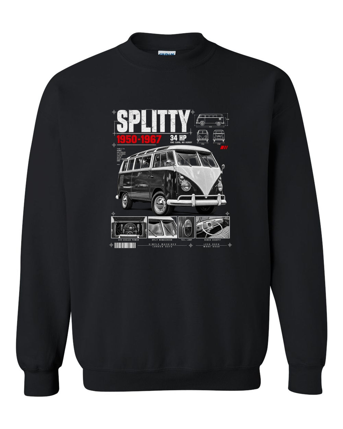 Dossier panel print of a 1962 VW T1 split-window Kombi with spec text black crewneck front view with the design