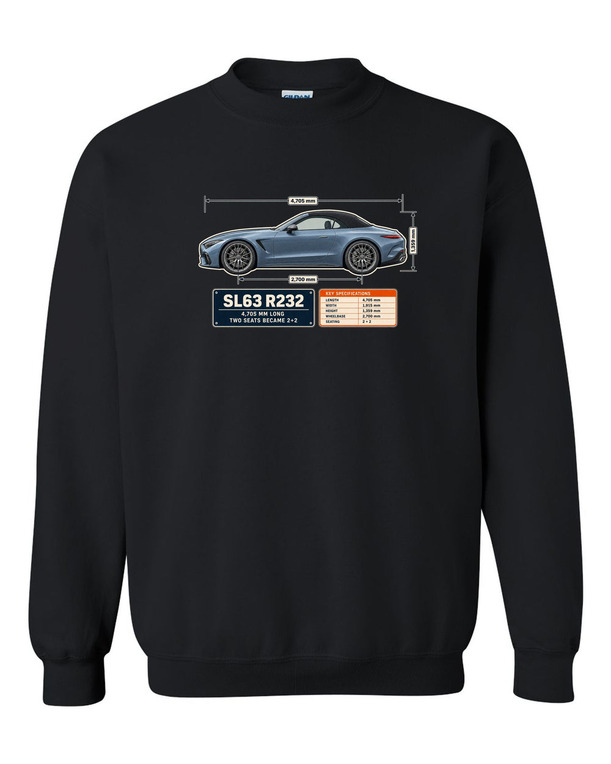 Mercedes-AMG SL63 R232 Dimension Blueprint black crewneck front view with the design