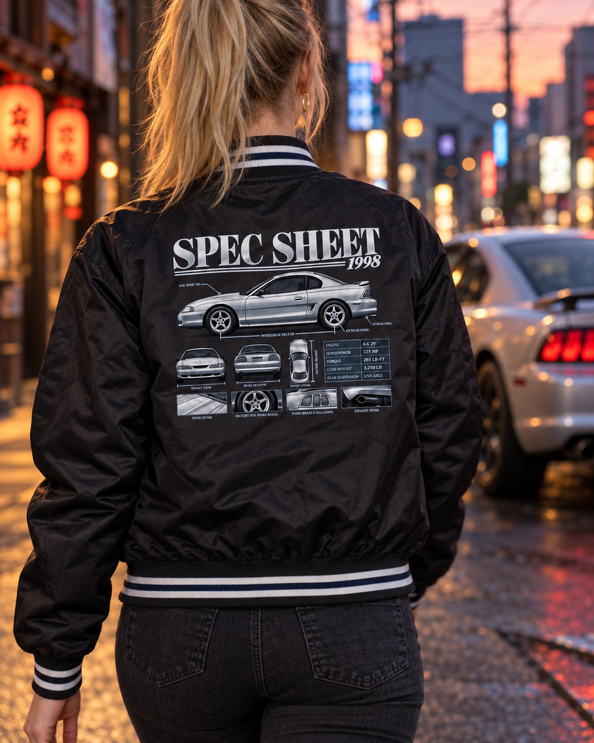SN95 Mustang GT 1998 Spec Sheet Poster Shirt Bomber Jacket Black worn hero