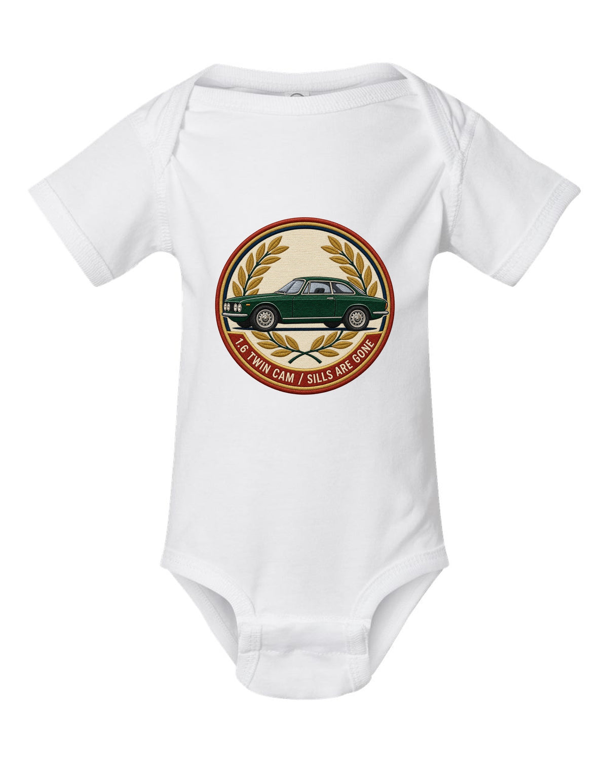 Embroidery style varsity crest for an Alfa Romeo Giulia Sprint GT 105 with 1.6 twin cam white baby onesie front view with the design
