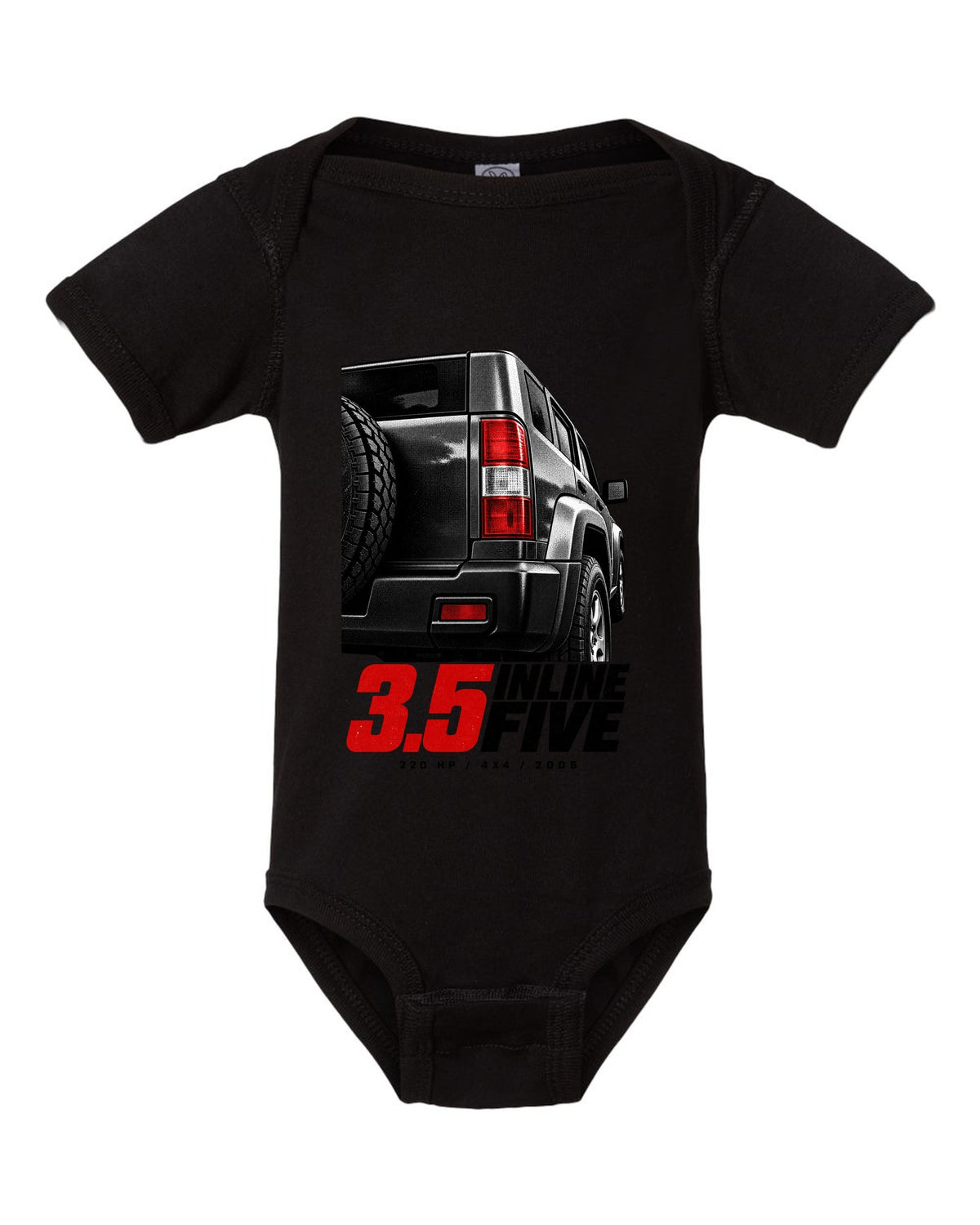 Macro print of a 2006-10 Hummer H3 taillight with engine lettering black baby onesie front view with the design