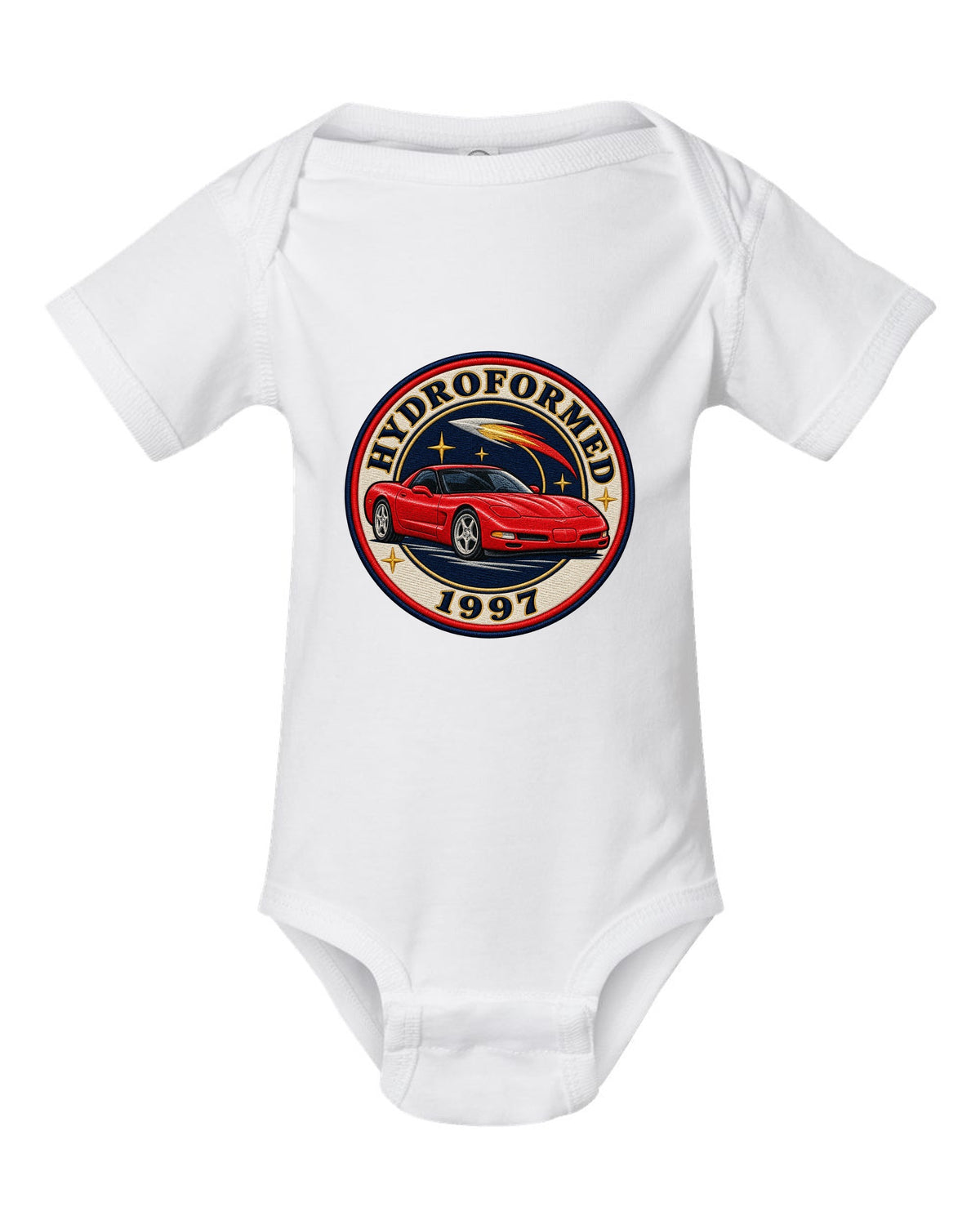 Embroidery style varsity crest print of a 1997 Chevrolet Corvette C5 coupe with Hydroformed text white baby onesie front view with the design