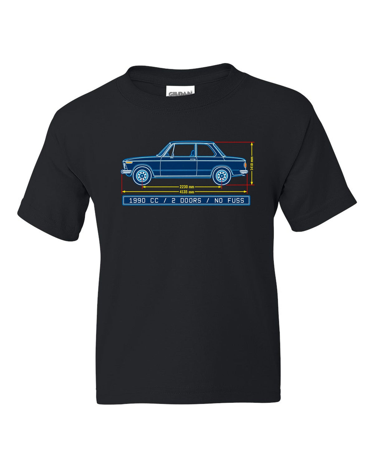 BMW 2002 turbo flared arch linocut woodcut print with 1,672 built text black kids tee front view with the design