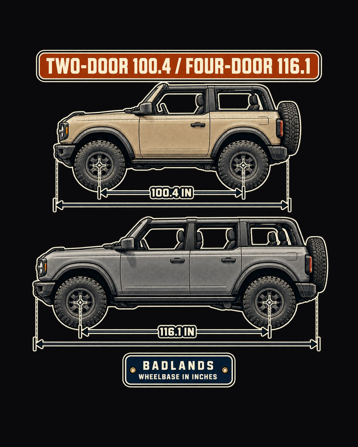 Ford Bronco Badlands Wheelbase Blueprint Shirt, Two or Four Door design only