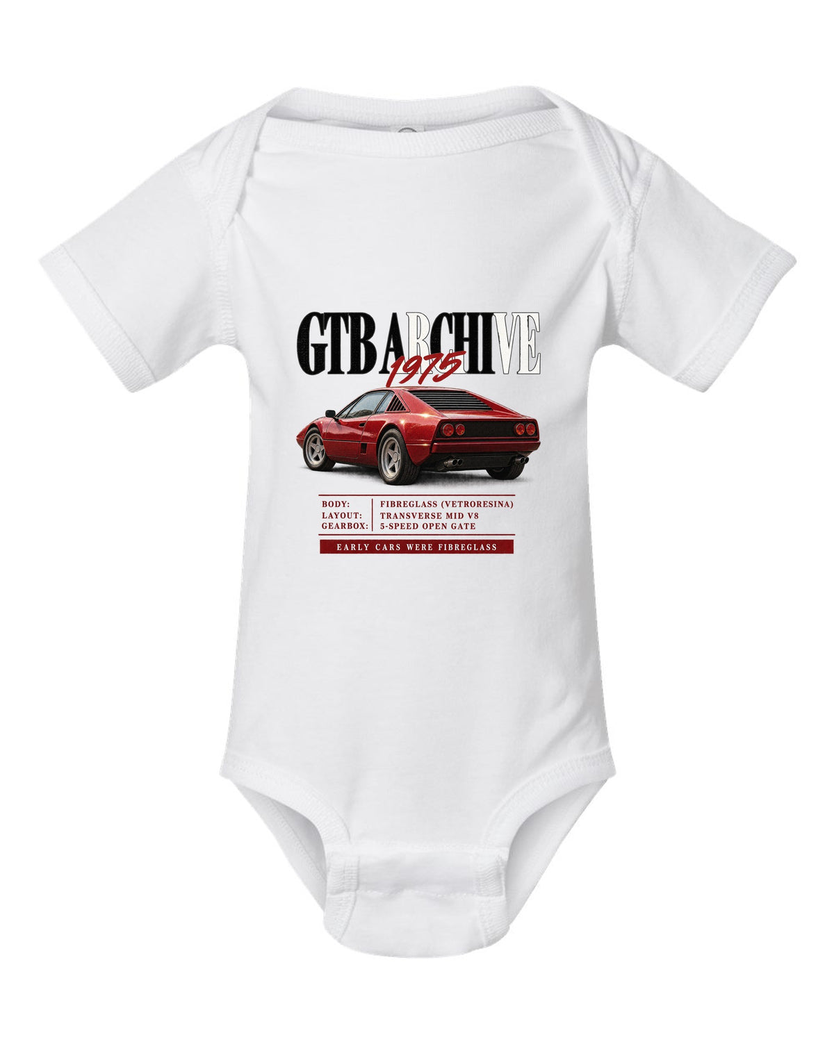 Ferrari 308 GTB 1975 archive panel print, early cars were fibreglass white baby onesie front view with the design