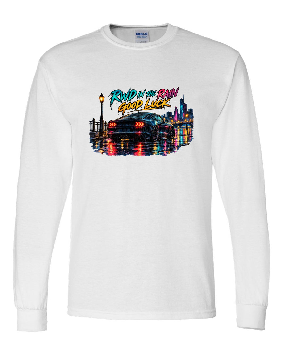 Hyundai Genesis Coupe BK2 watercolour wet road night print with RWD in the rain text white long sleeve front view with the design