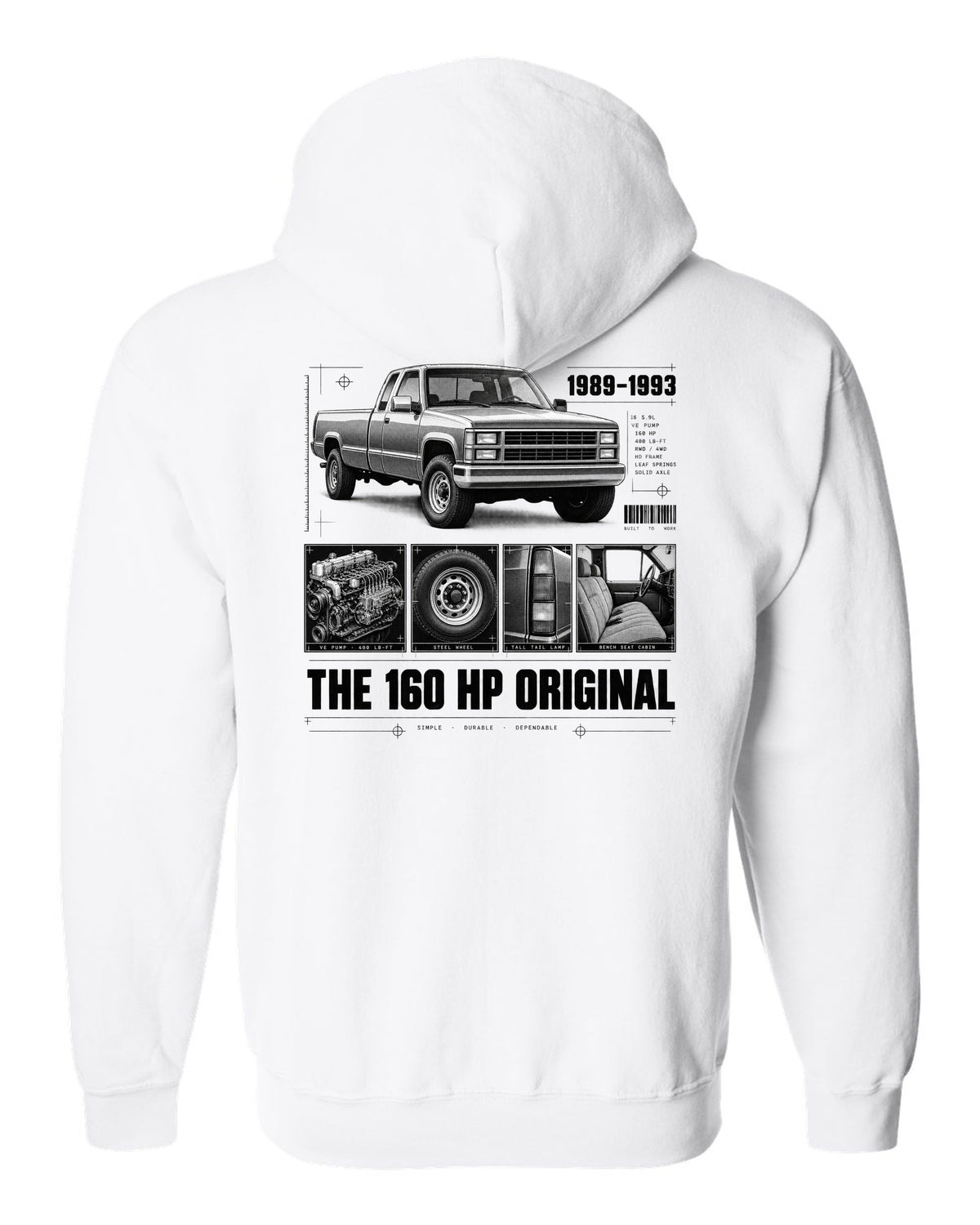 Dossier print of a 1989-93 Dodge D250 1st gen Cummins with VE pump and torque figures white zip hoodie back view with the design