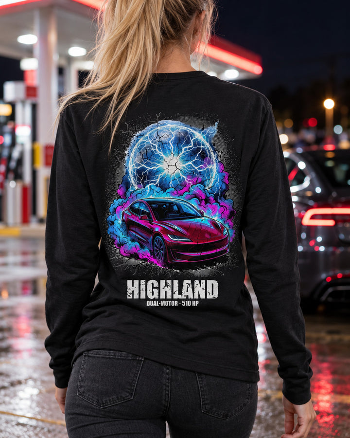 Tesla Model 3 Highland Long Sleeve T-Shirt worn hero