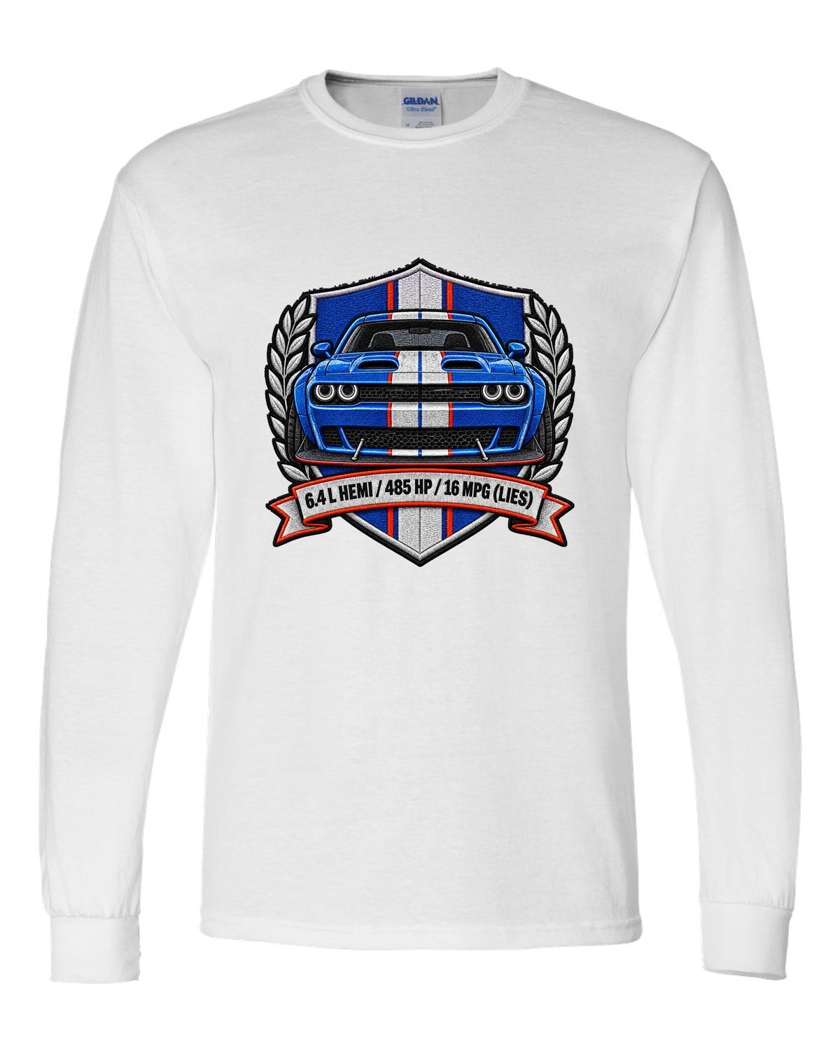 Embroidered shield patch design for a 2015 Dodge Challenger Scat Pack 392 Widebody with 6.4 L HEMI specs white long sleeve front view with the design