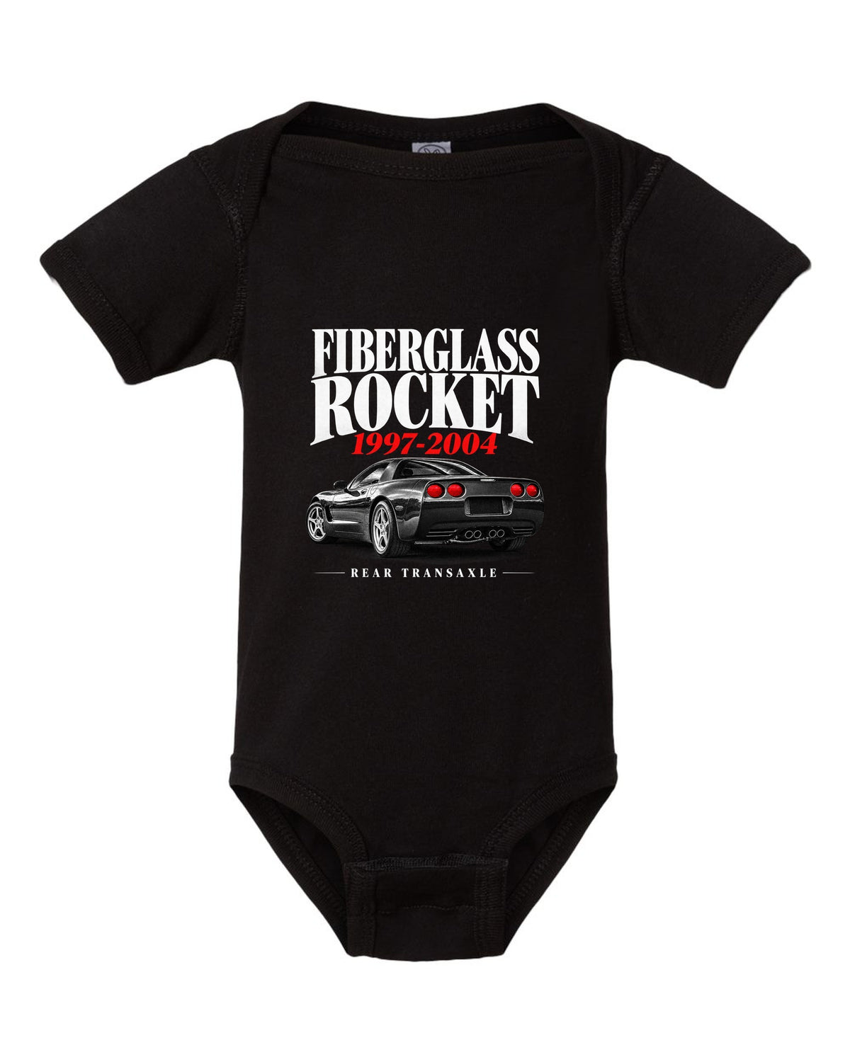 Corvette C5 coupe editorial headline print with rear transaxle text black baby onesie front view with the design