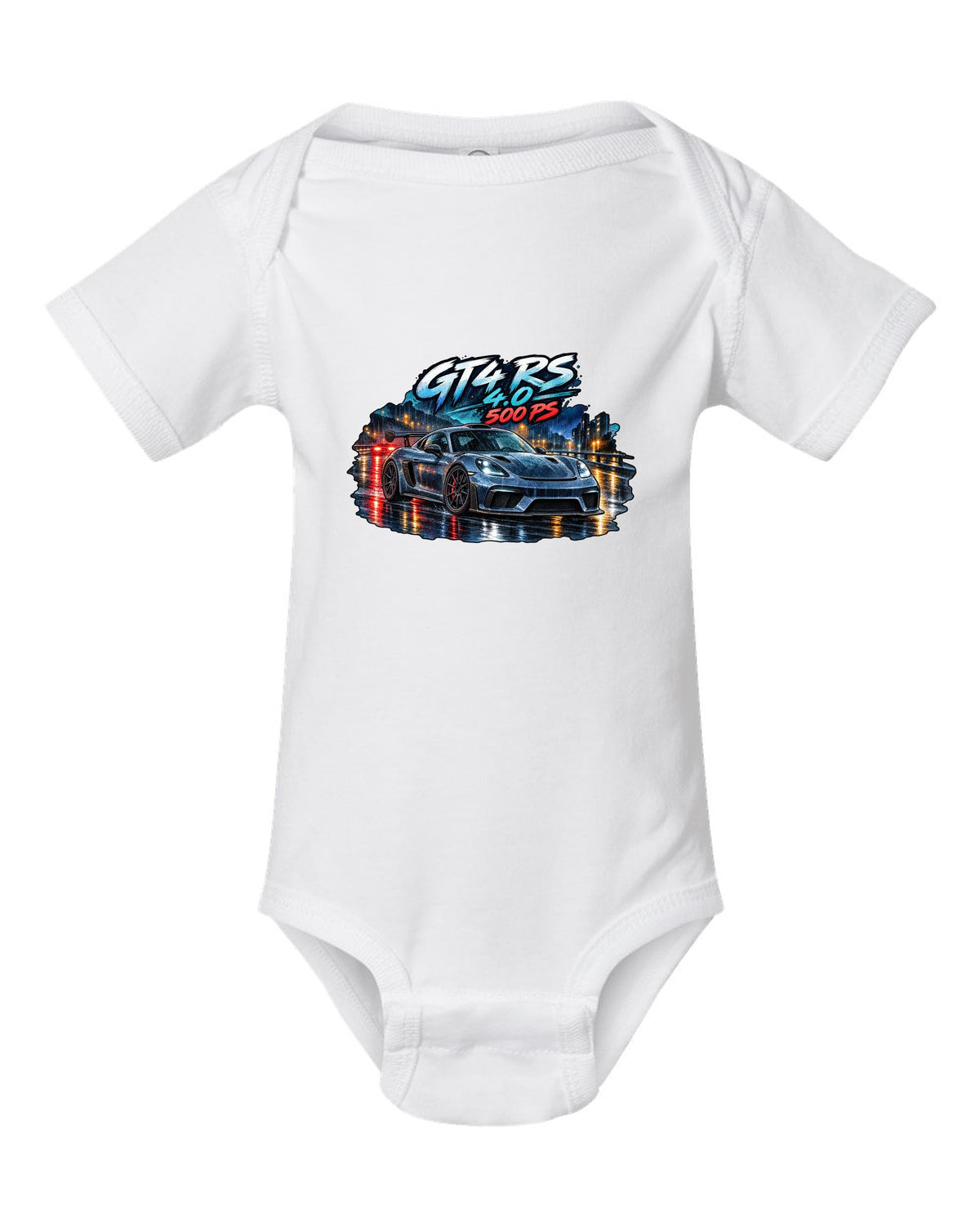 Porsche 982 Cayman GT4 RS wet road night watercolour design with 4.0 500 PS text white baby onesie front view with the design