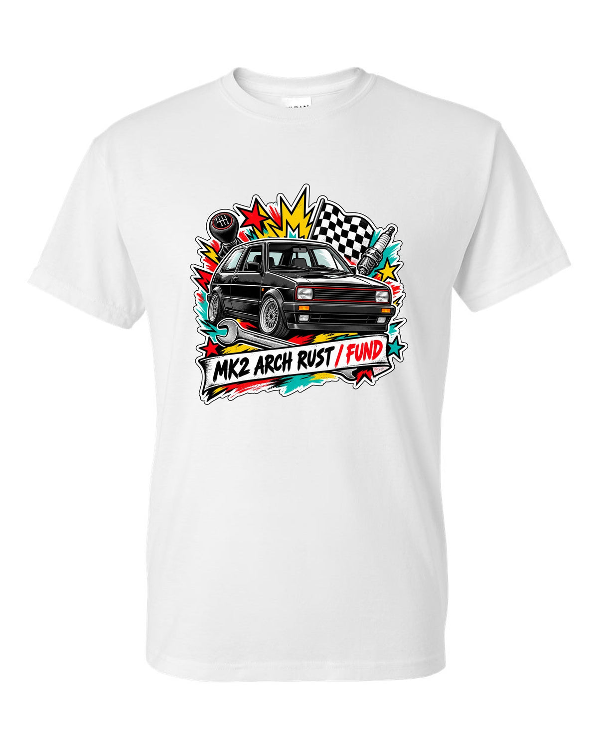Sticker bomb collage print of a VW Golf Mk2 GTI with arch rust fund text white t-shirt front view with the design