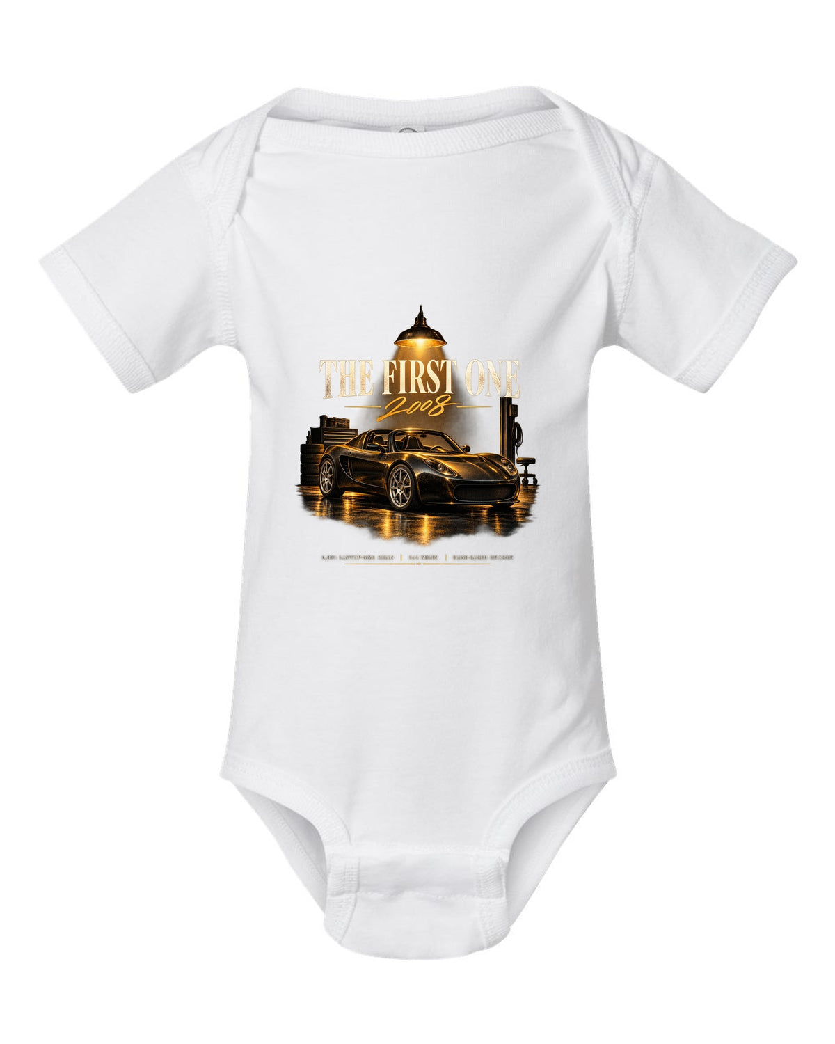 Garage night print of a first generation 2008 Tesla Roadster white baby onesie front view with the design