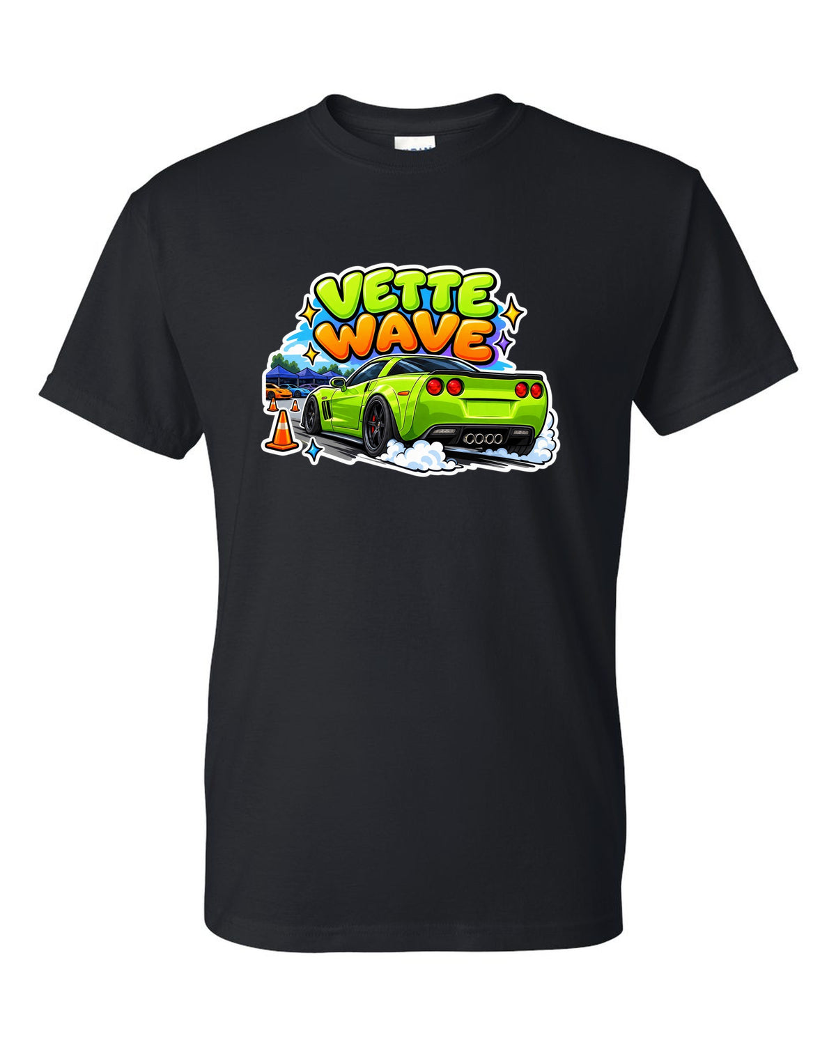 Cartoon sticker sheet print of a 2008 Chevrolet Corvette C6 Z06 with Vette Wave lettering black t-shirt front view with the design