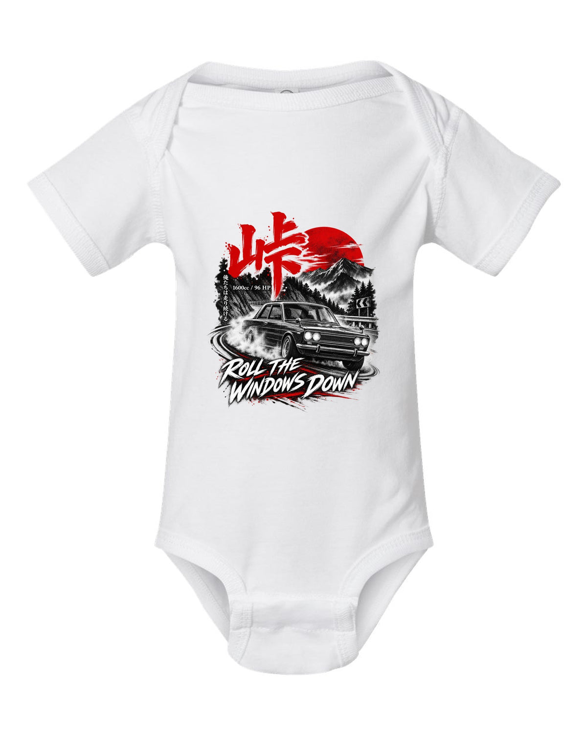 print of a Datsun 510 PL510 sedan on a mountain road at night with touge kanji white baby onesie front view with the design