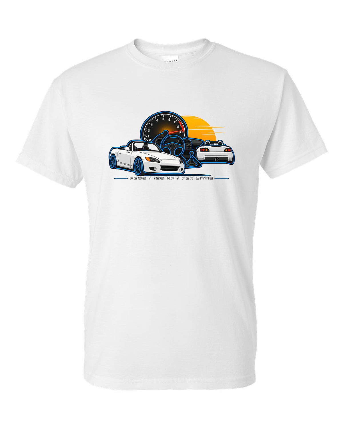 Minimal single-line contour print of a 1999 Honda S2000 AP1 with F20C 120 HP Per Litre lettering white t-shirt front view with the design