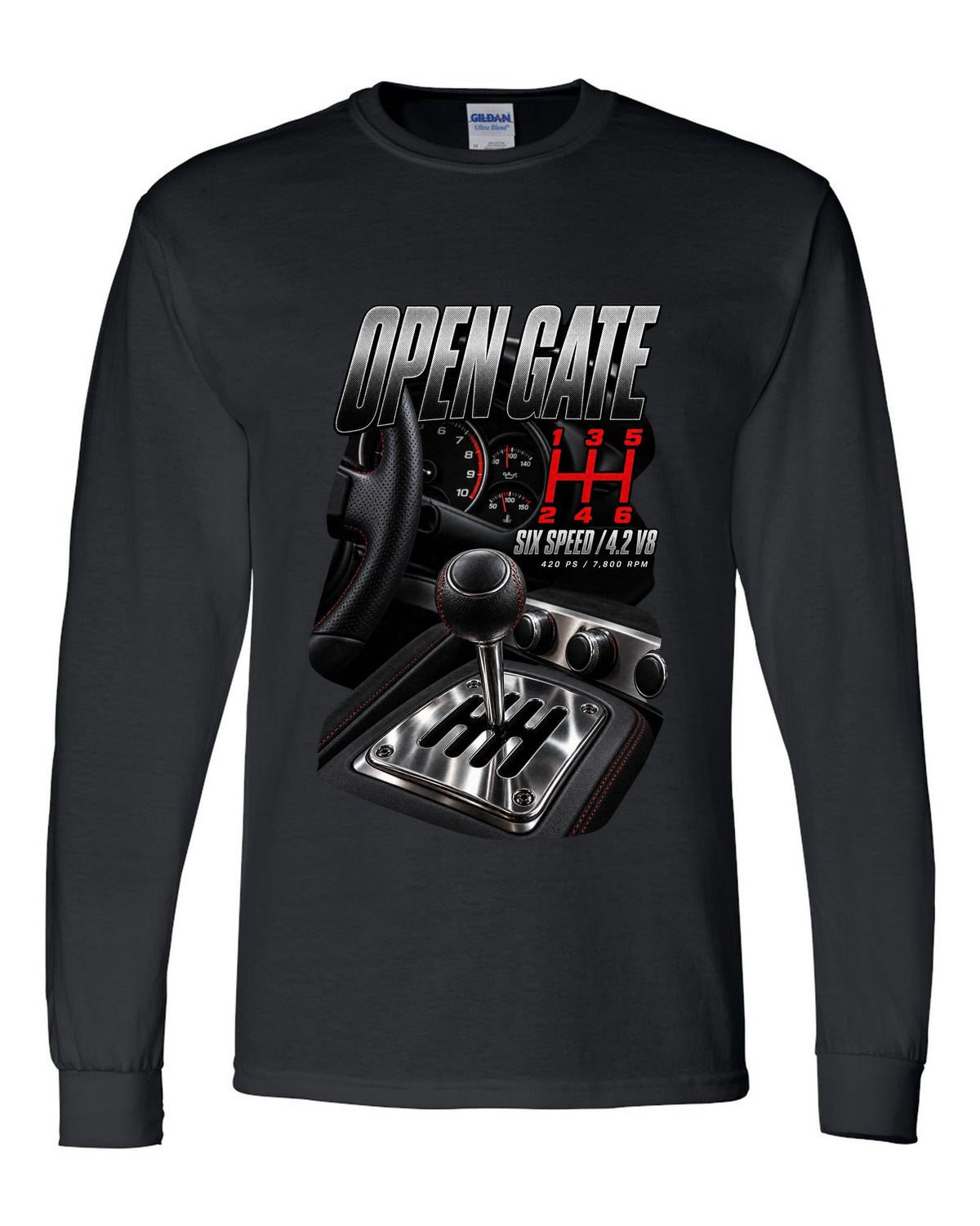 Audi R8 Type 42 V8 open gate six-speed shifter macro design black long sleeve front view with the design