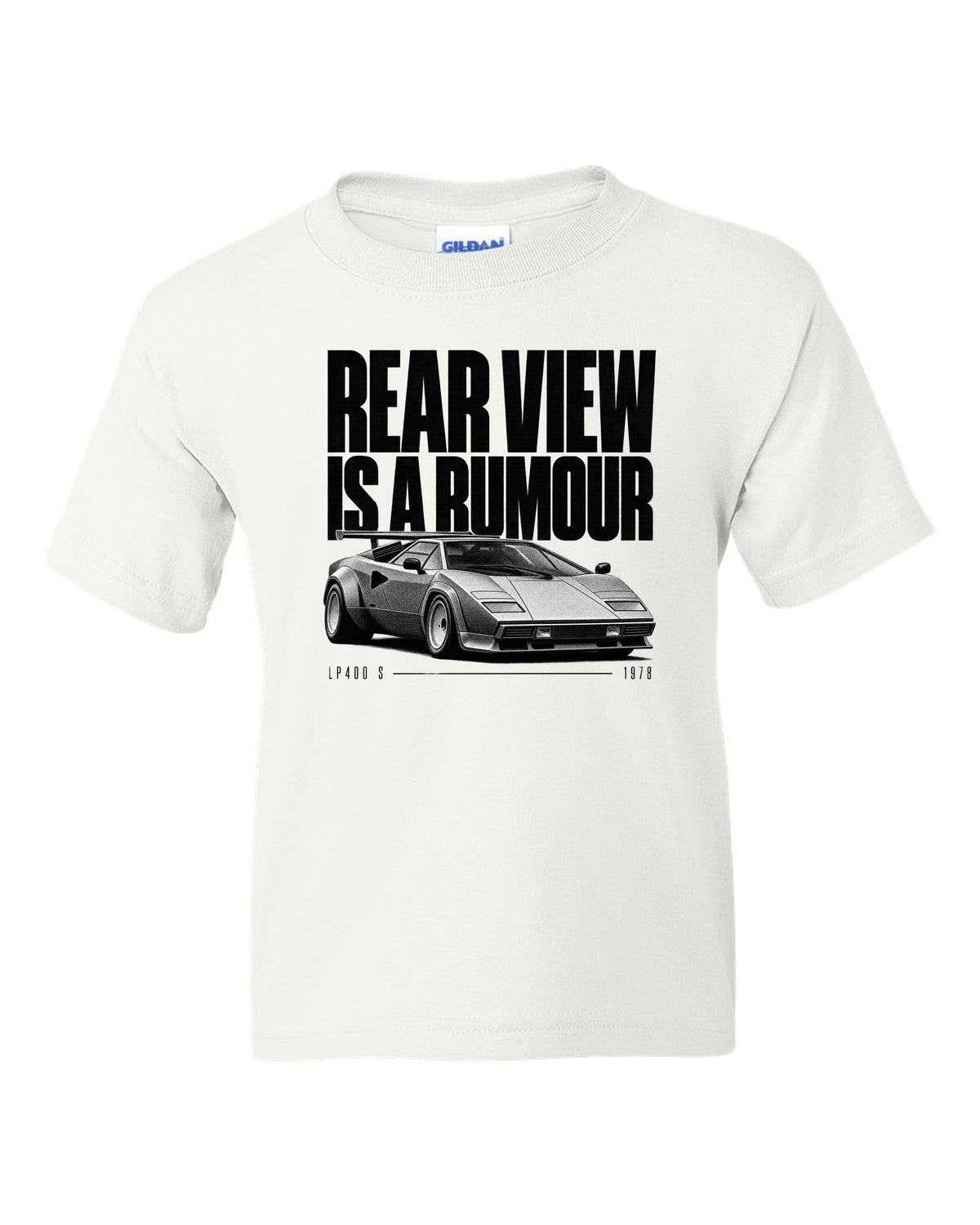 Halftone print of a Lamborghini Countach LP400 S with rear wing and rear view is a rumour text white kids tee front view with the design