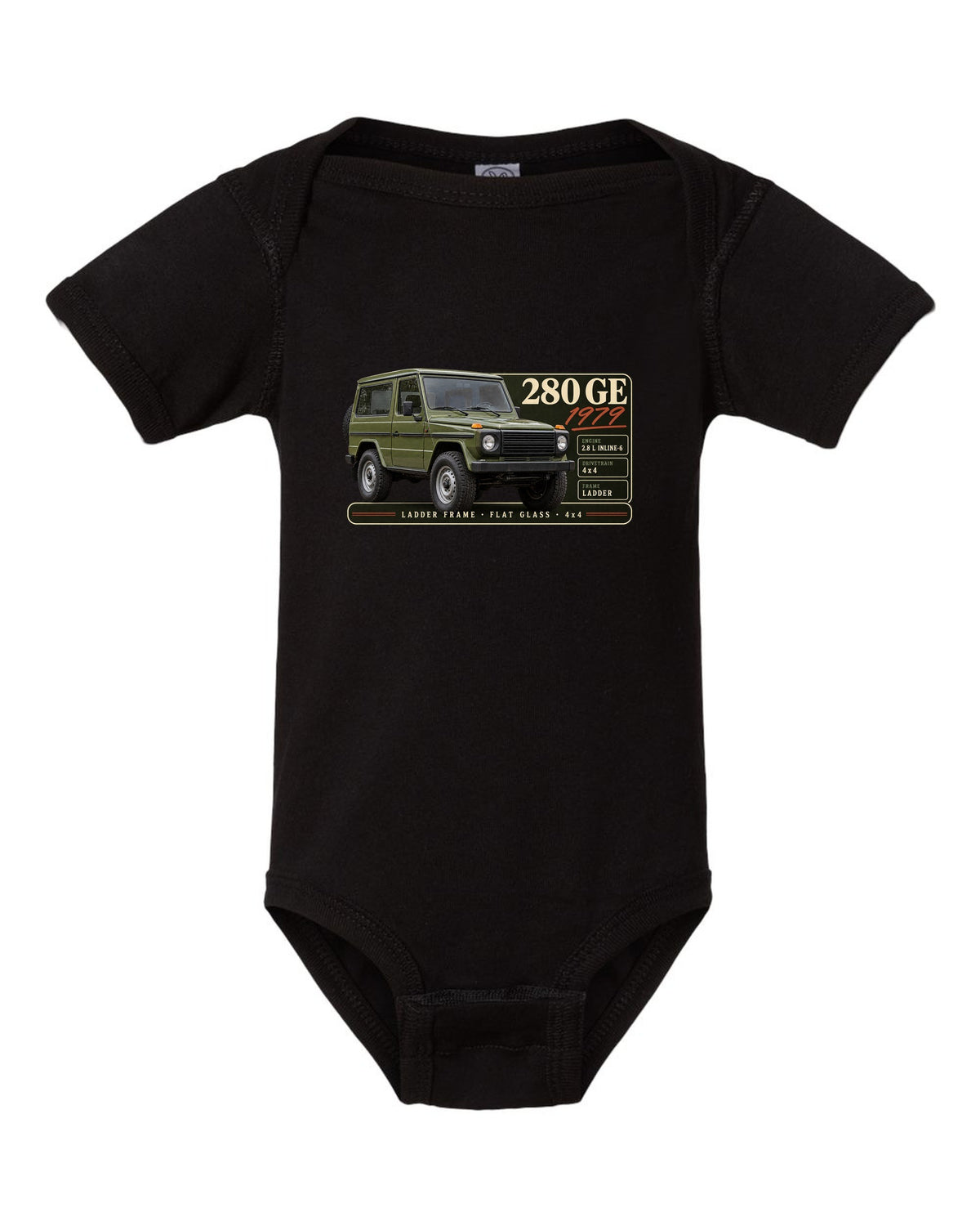 Archive panel print of a 1979 Mercedes 280 GE W460 with ladder frame, flat glass and 4x4 lettering black baby onesie front view with the design