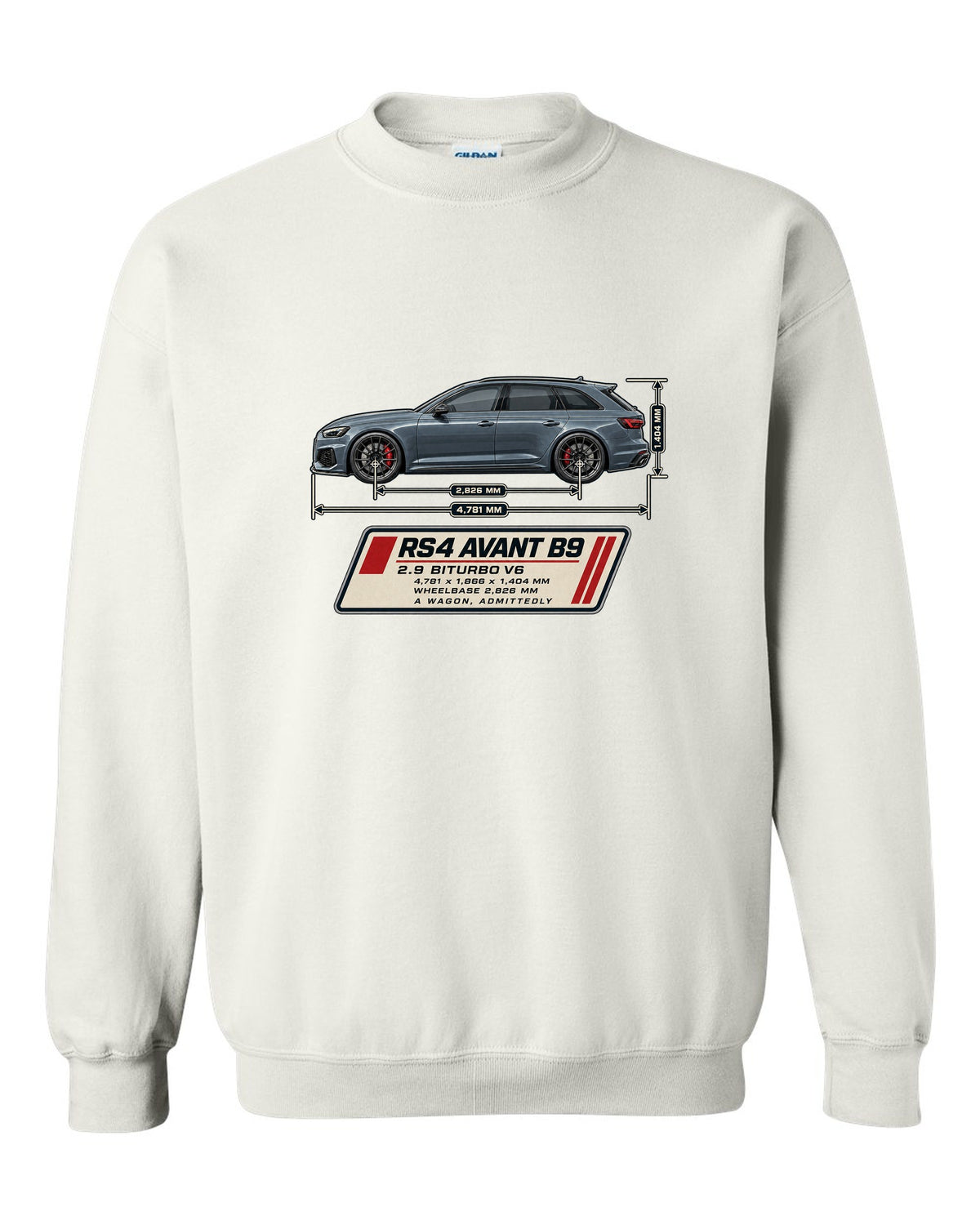 Audi RS4 Avant B9 dimension blueprint print with measurements white crewneck front view with the design