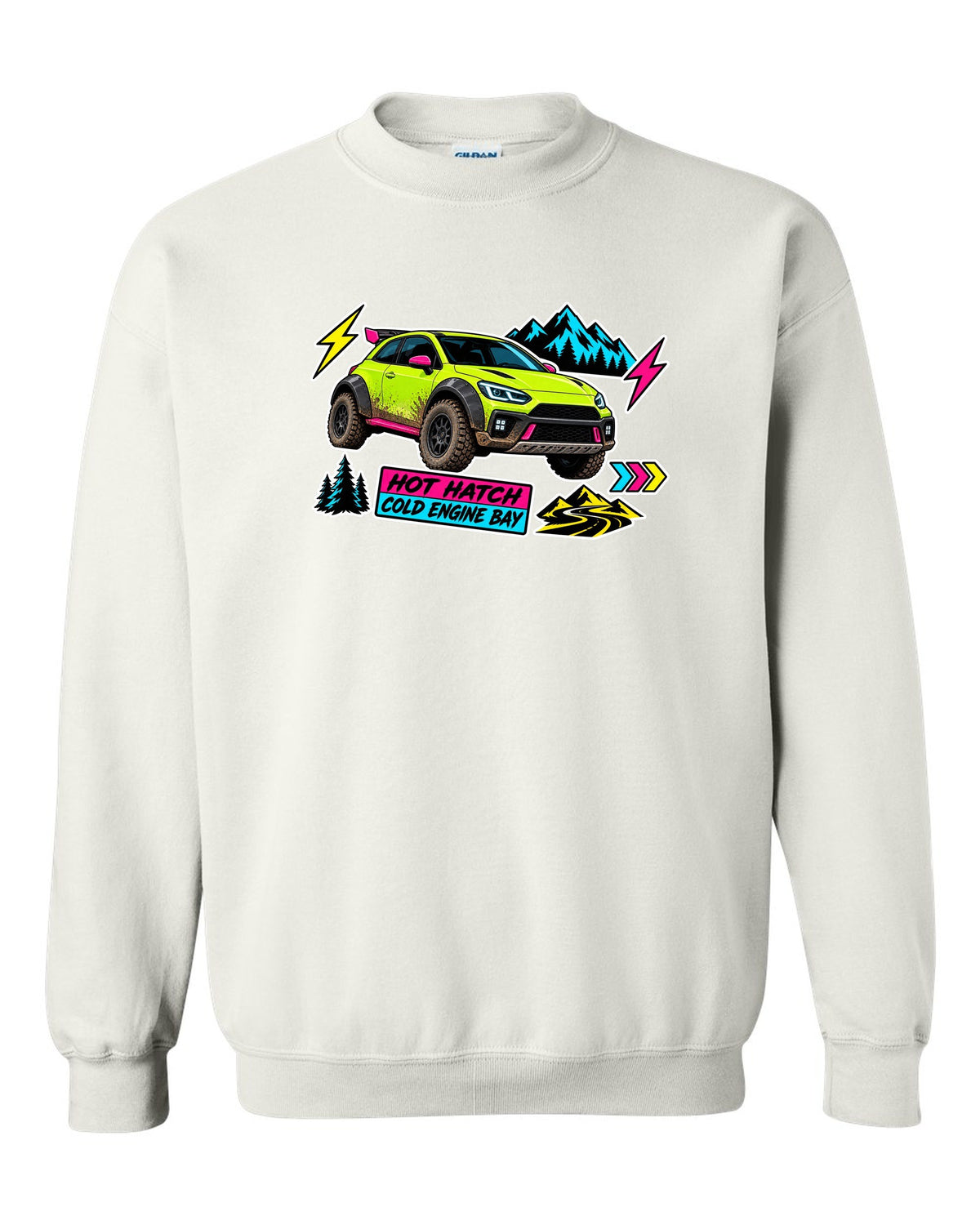 Rivian R3X die-cut slap sticker collage print with the text hot ch cold engine bay white crewneck front view with the design