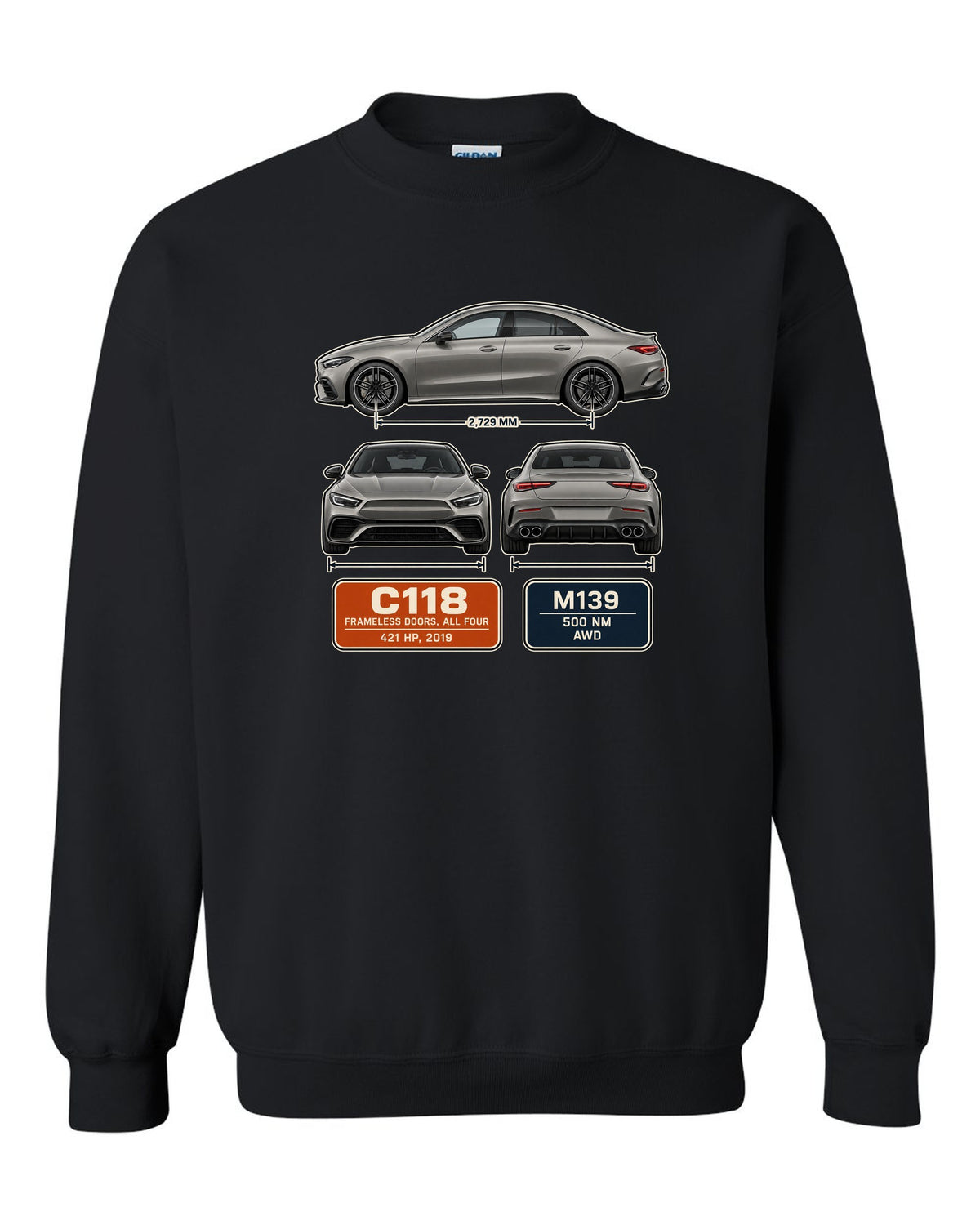 Mercedes-AMG CLA 45 S C118 four-door coupe three-view spec print black crewneck front view with the design