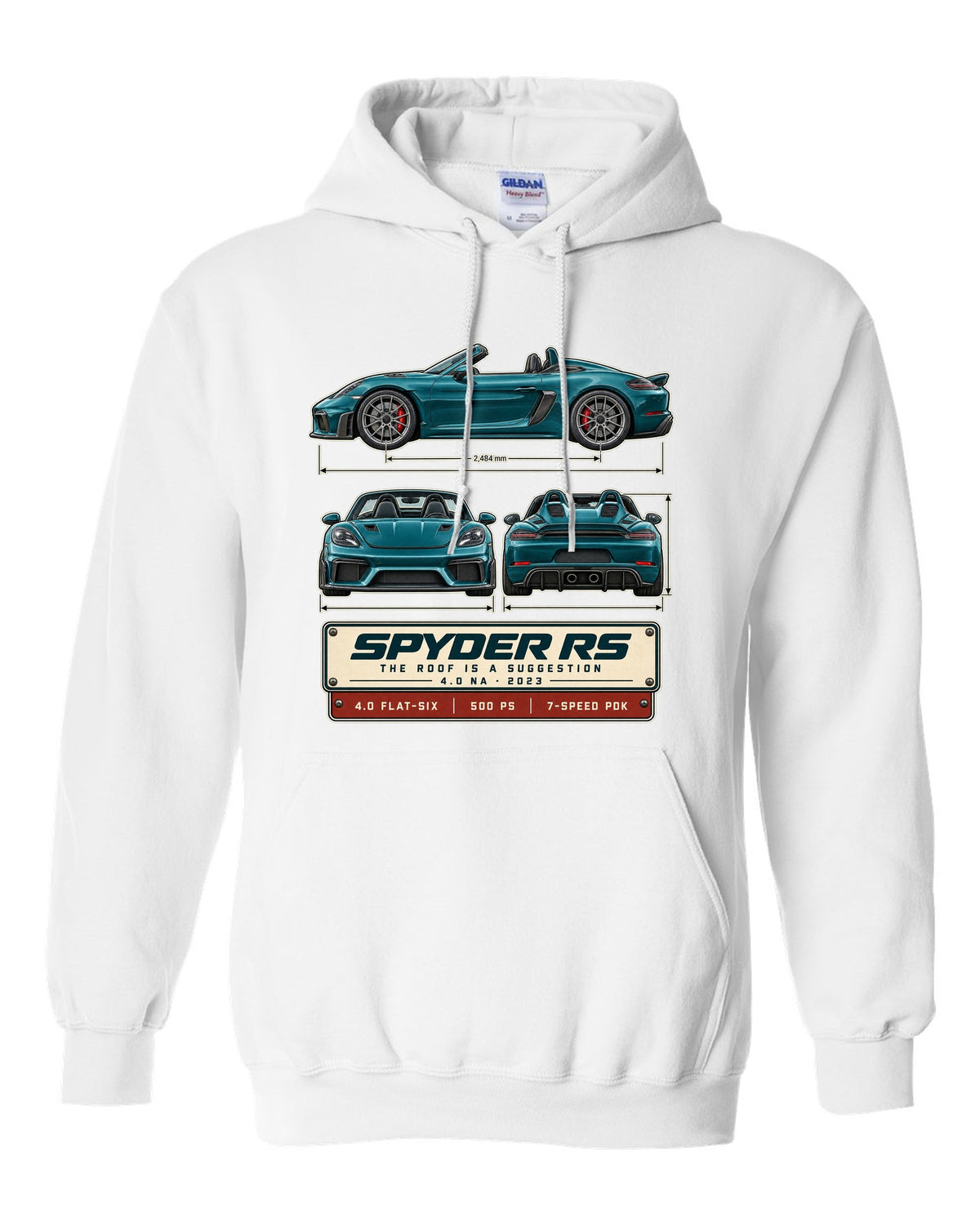 Three-view spec print of a Porsche 718 Spyder RS 982 white pull over hoodie front view with the design