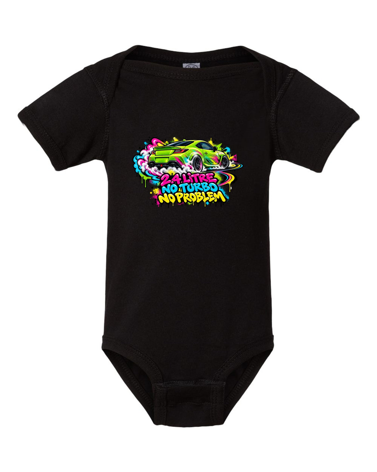 Subaru BRZ ZD8 sideways in front of a graffiti wall, 2.4 LITRE / NO TURBO / NO PROBLEM black baby onesie front view with the design
