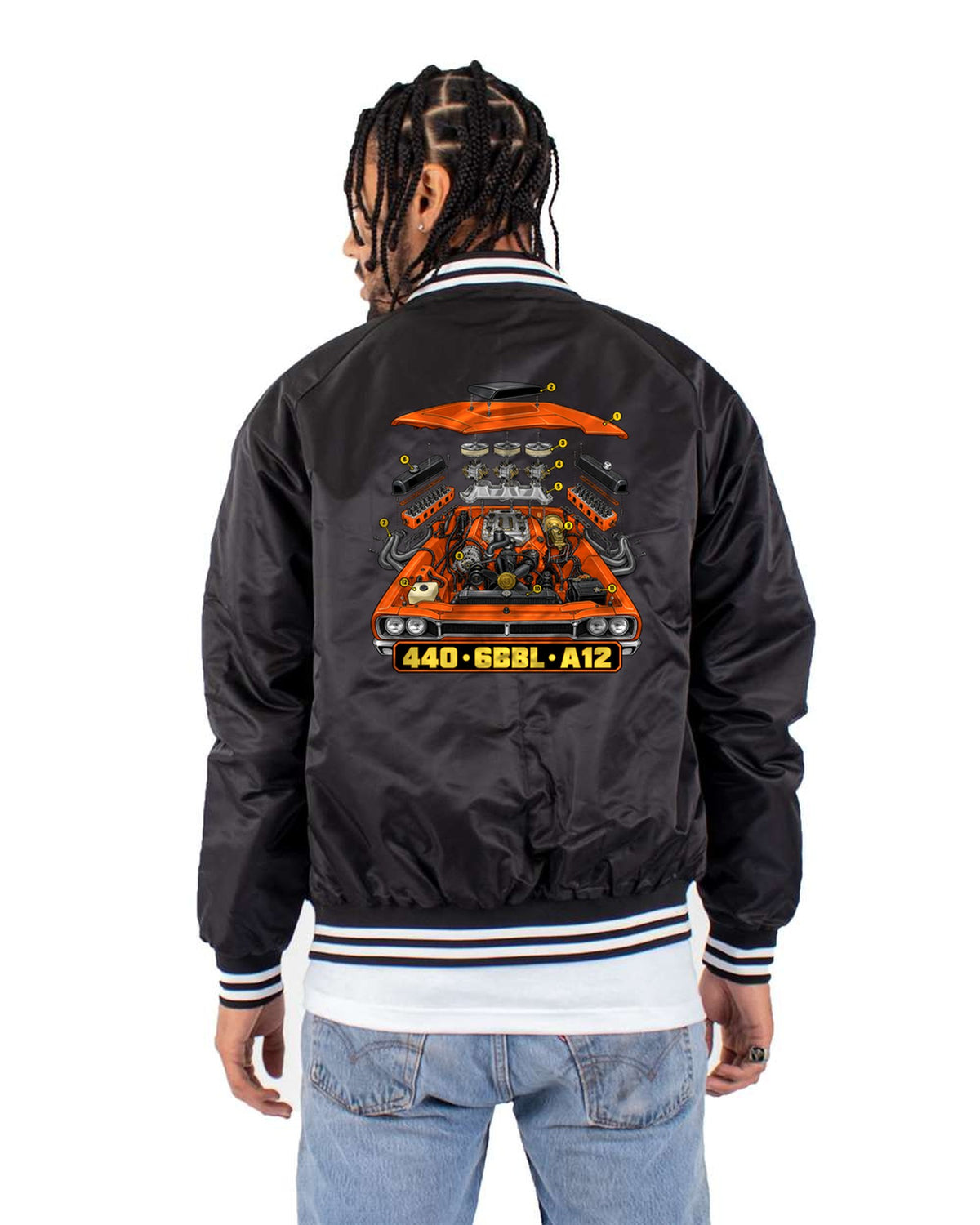 Isometric Six Pack Teardown Tee, 1969 Super Bee A12 440 Bomber Jacket Black back