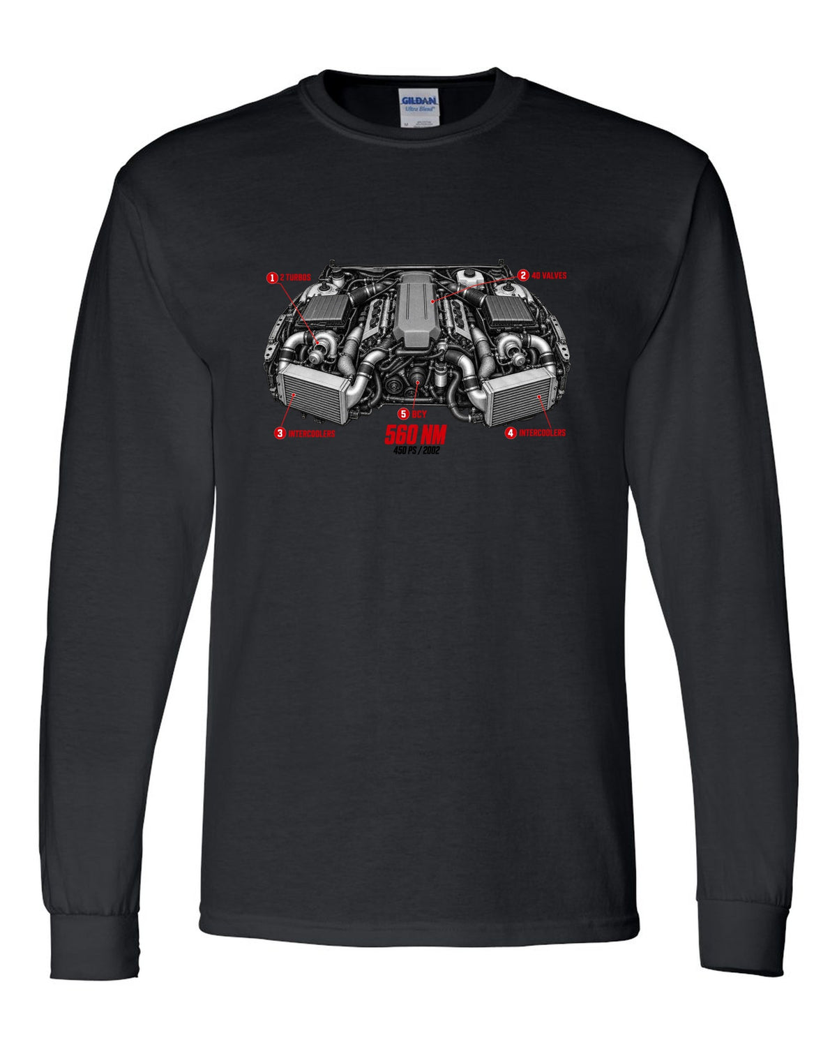 Audi RS6 Avant C5 BCY 4.2 biturbo engine with callouts and spec text black long sleeve front view with the design