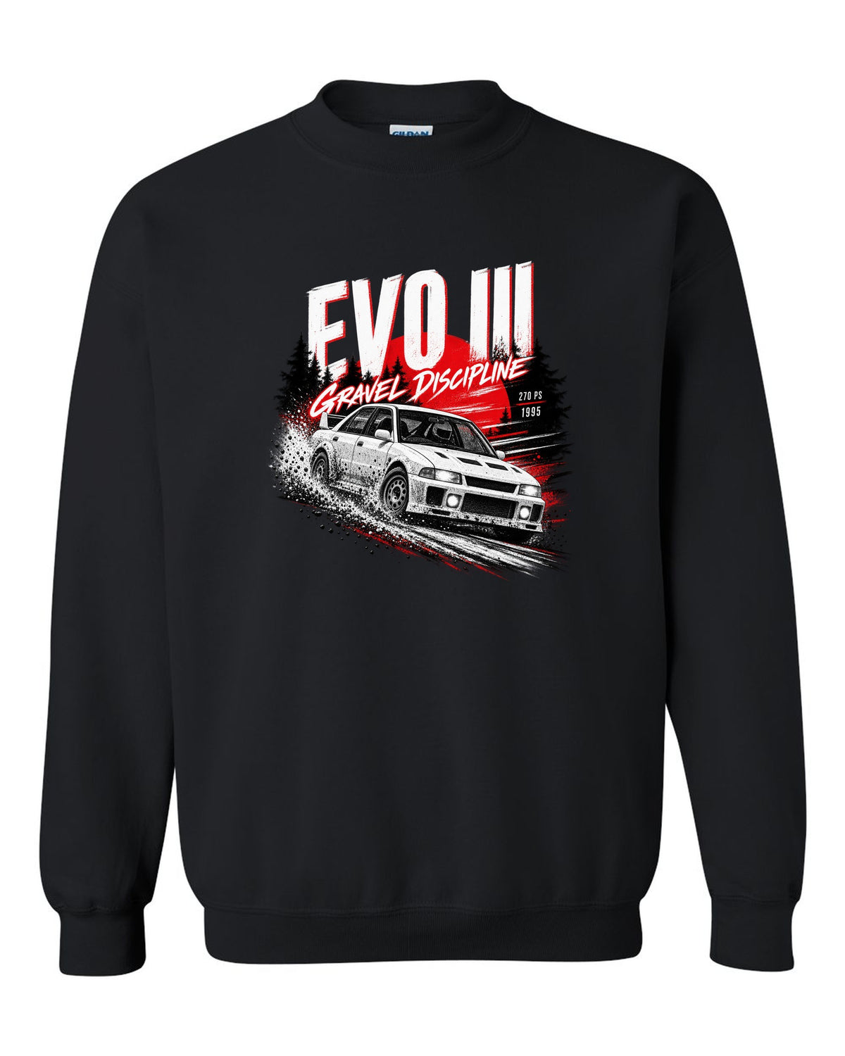 Night gravel road print for the Mitsubishi Lancer Evolution III CE9A reading Gravel Discipline, 270 PS, 1995 black crewneck front view with the design