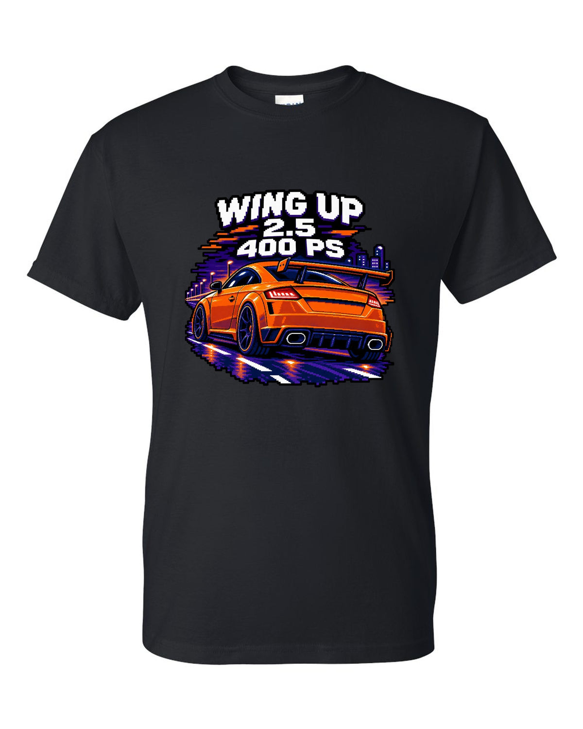 16-bit pixel art print of an Audi TT RS FV with rear wing up and 400 PS text black t-shirt front view with the design