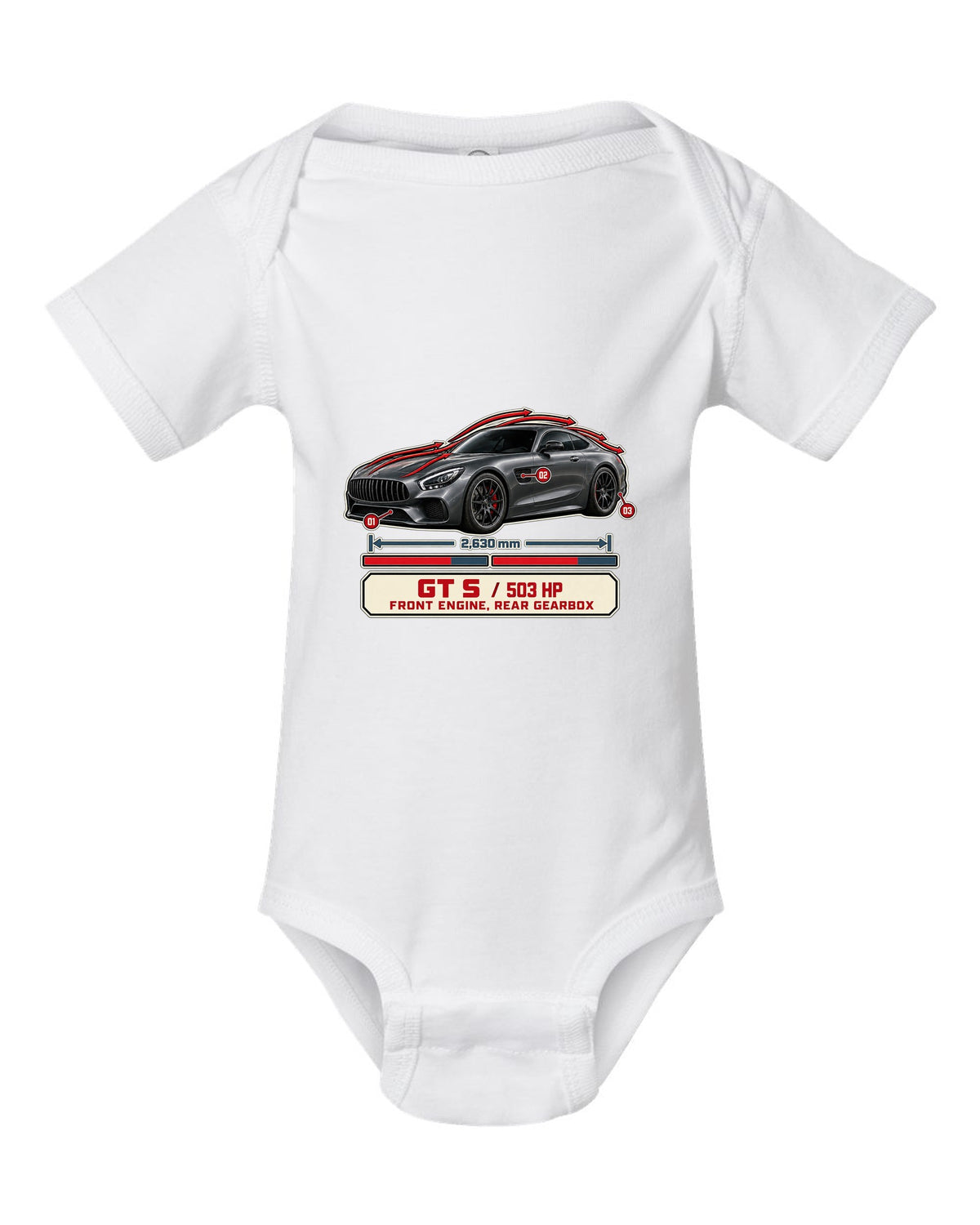 Mercedes-AMG GT S C190 aero cutaway callouts print white baby onesie front view with the design