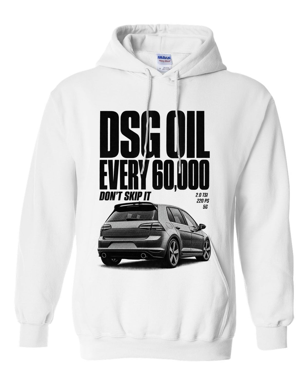 Halftone print of a VW Golf Mk7 GTI rear three-quarter with DSG oil service reminder text white pull over hoodie front view with the design