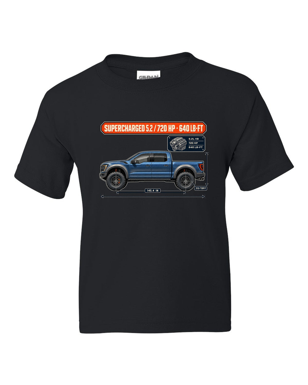 Ford F-150 Raptor R 2023 dimension blueprint print with 720 HP spec black kids tee front view with the design