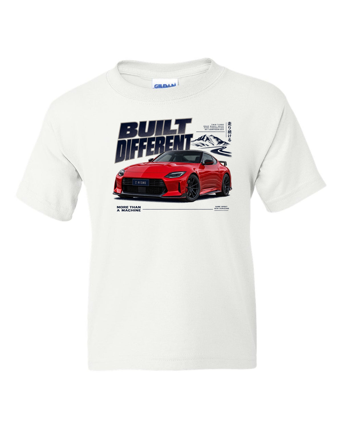 Dossier panels for a 2024 Nissan Z NISMO RZ34 in graphite and rust white kids tee front view with the design