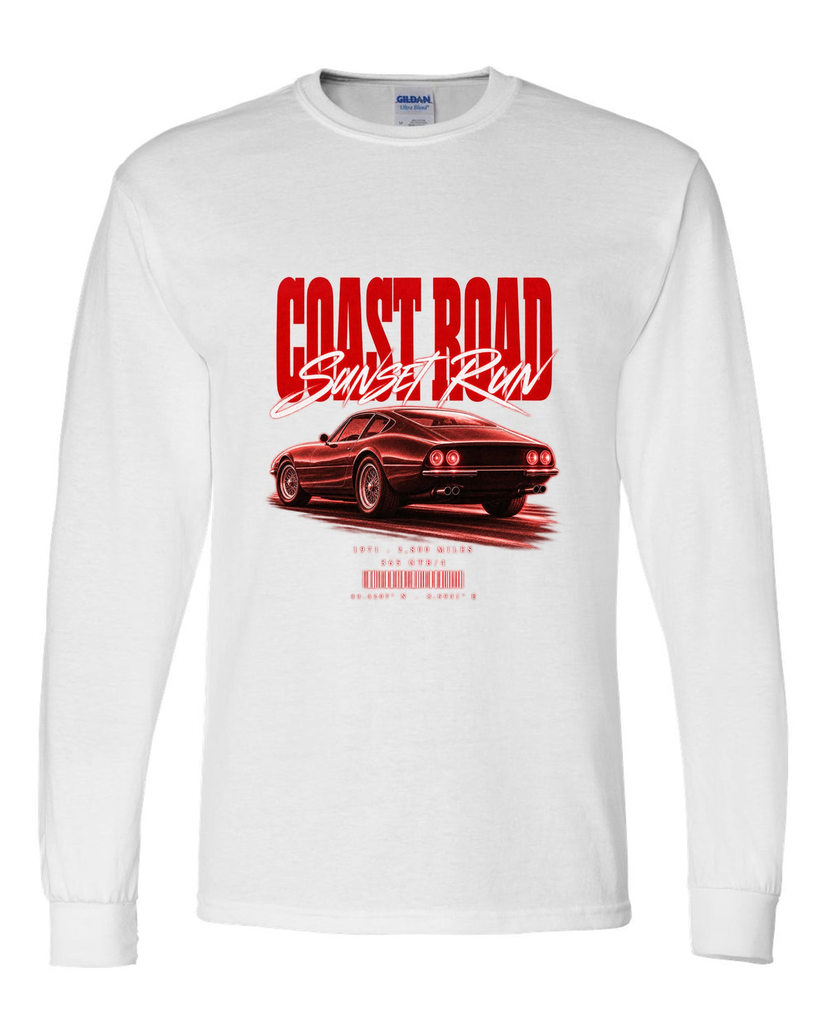 Street poster print of a Ferrari 365 GTB/4 Daytona with Coast Road, Sunset Run, 1971, 2,800 miles white long sleeve front view with the design