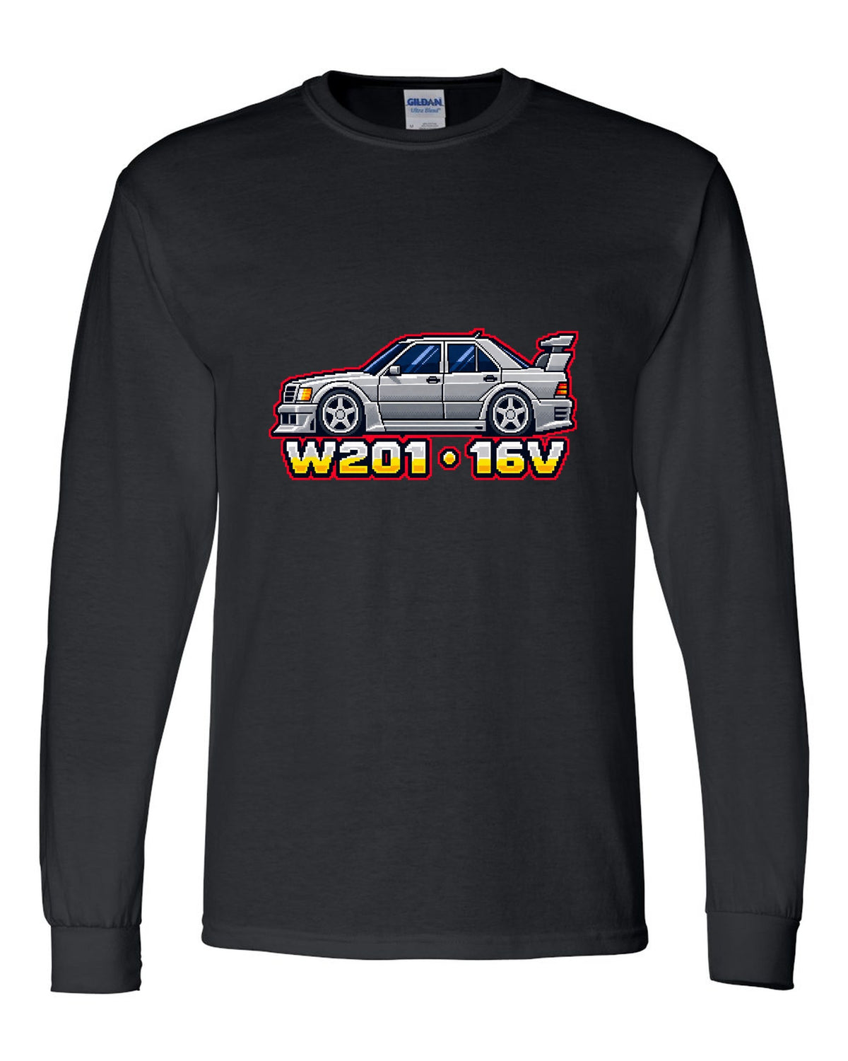 Mercedes 190E Evo II W201 16-Bit Pixel Art Tee, Car black long sleeve front view with the design