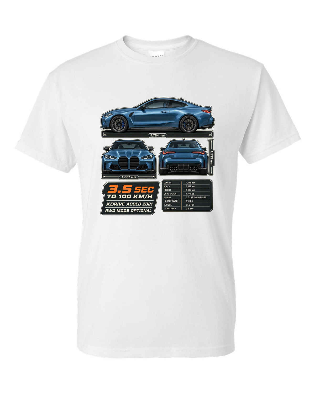 BMW M4 Competition xDrive G82 three-view drawing with spec table print white t-shirt front view with the design