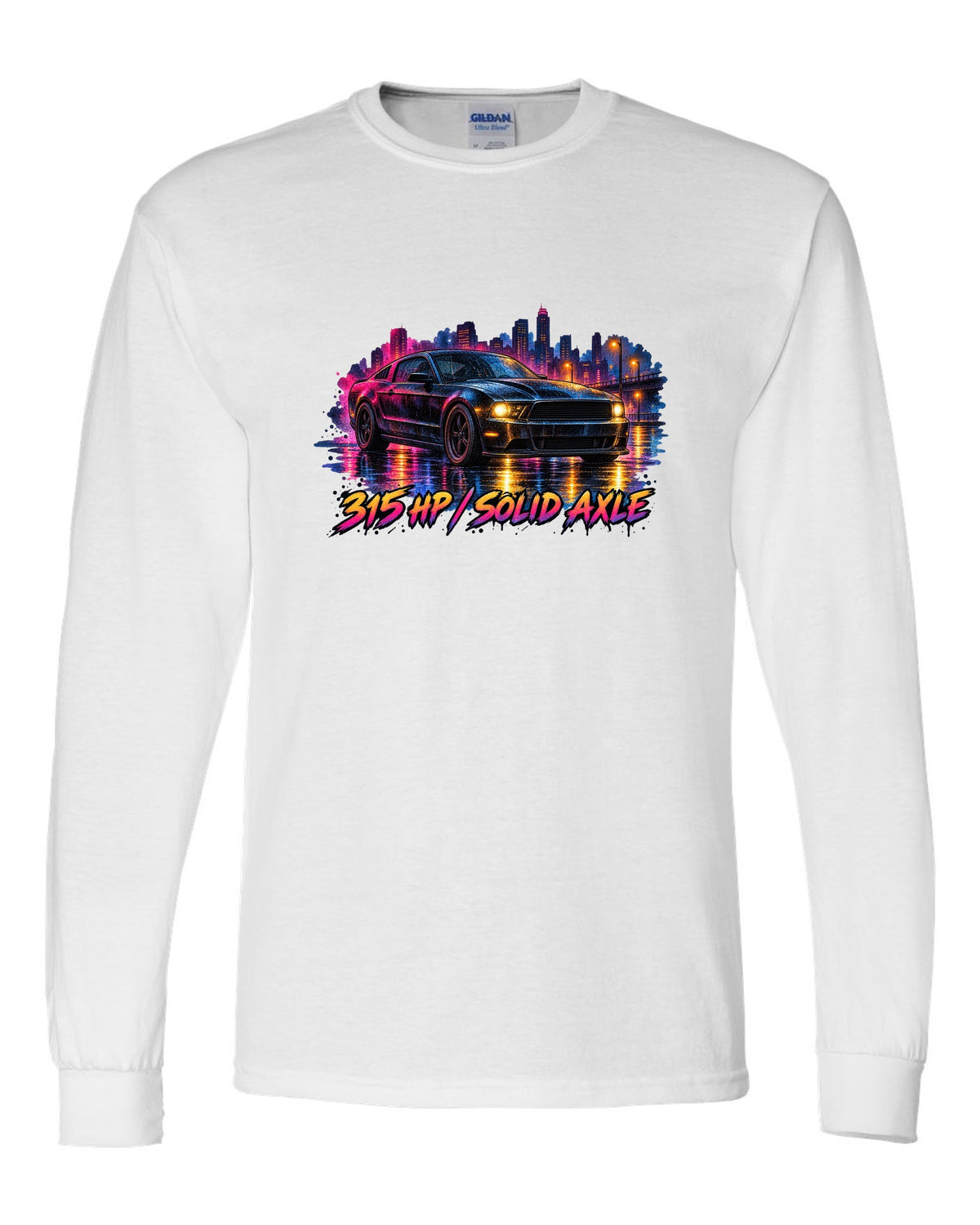 Watercolour wet road night scene with a 2005-2014 S197 Ford Mustang fastback white long sleeve front view with the design