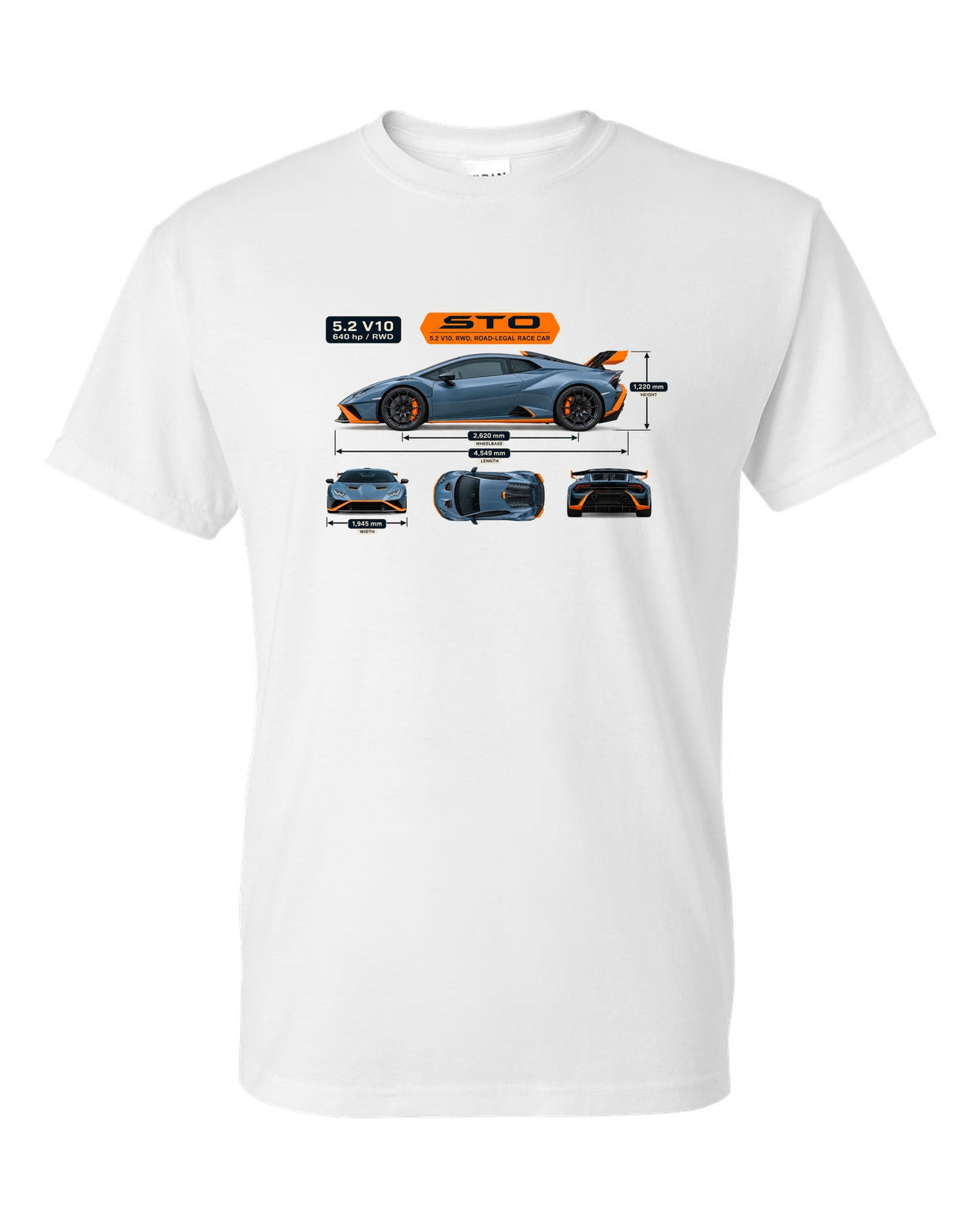 Dimension blueprint print of the Lamborghini Huracan STO white t-shirt front view with the design