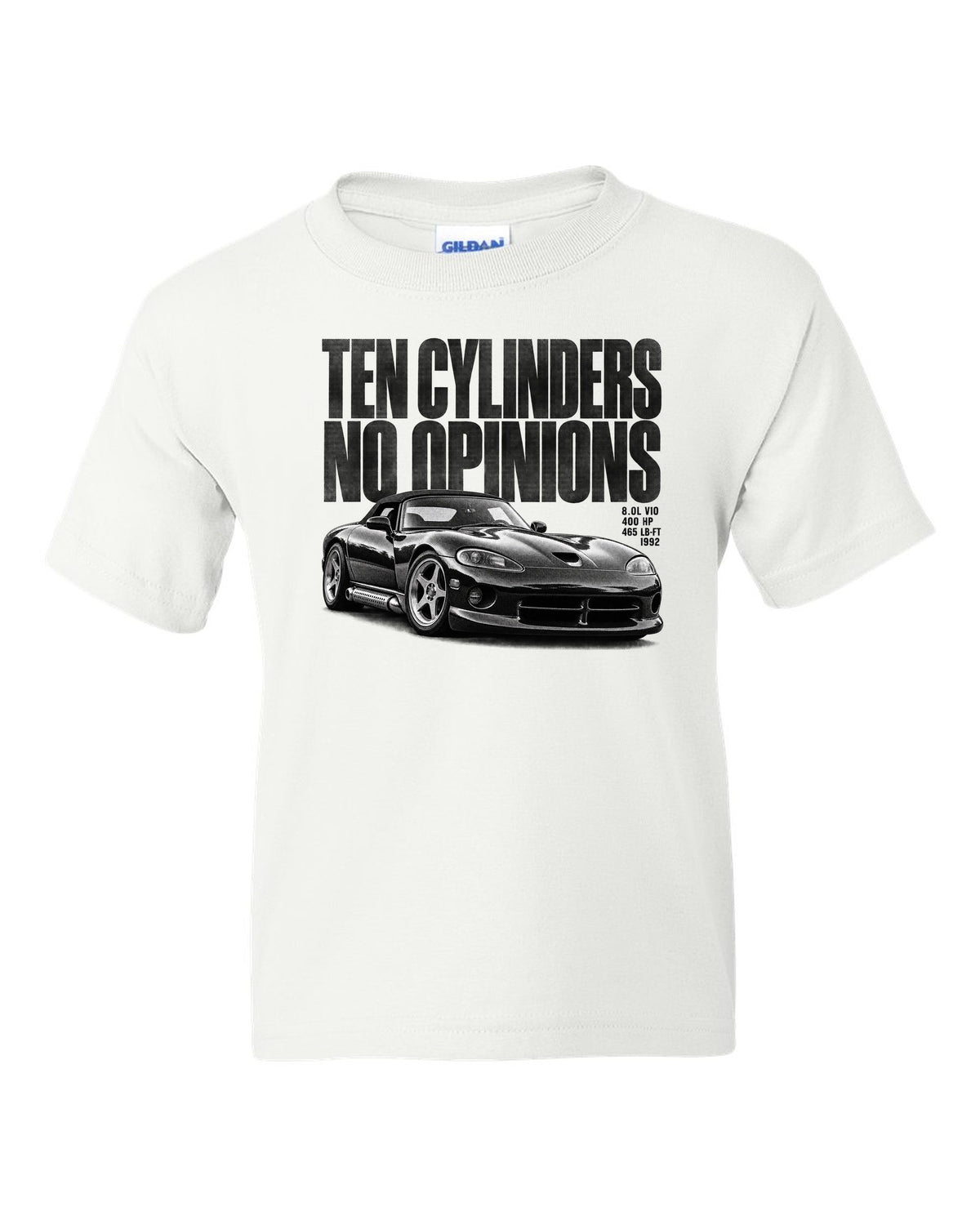 Halftone print of a 1992 Dodge Viper RT/10 SR I with the words ten cylinders, no opinions white kids tee front view with the design
