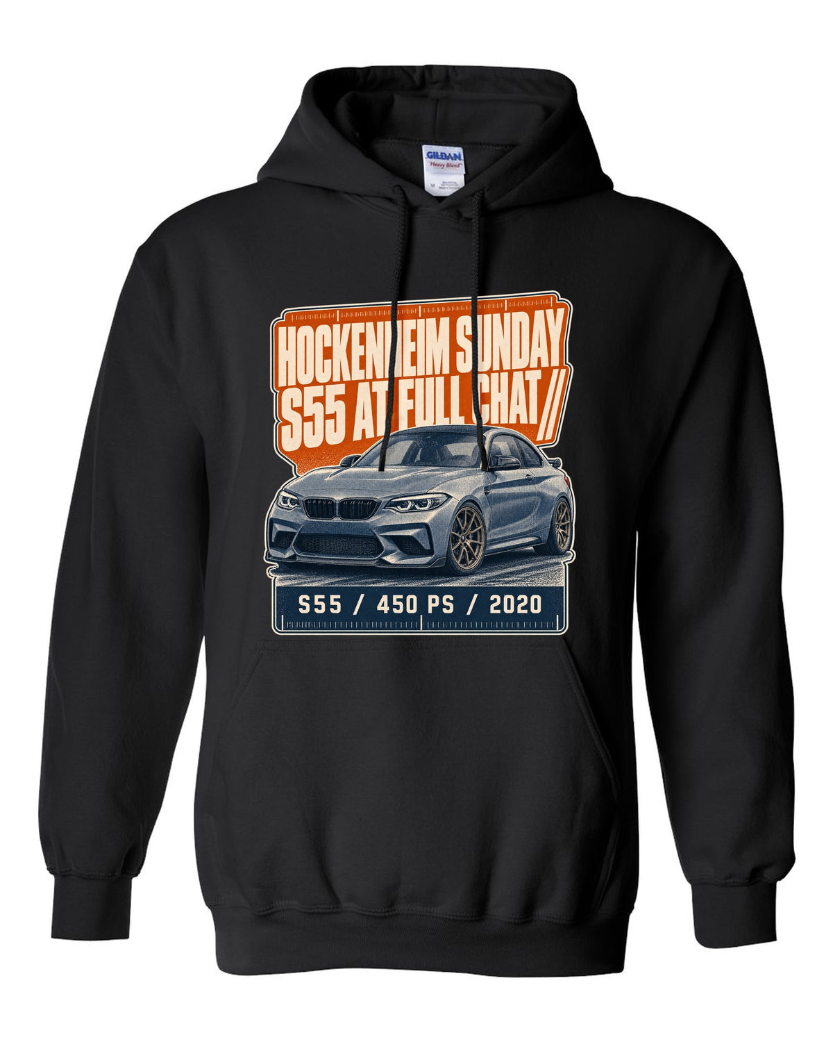 BMW M2 CS F87 halftone statement print with Hockenheim Sunday and S55 text black pull over hoodie front view with the design