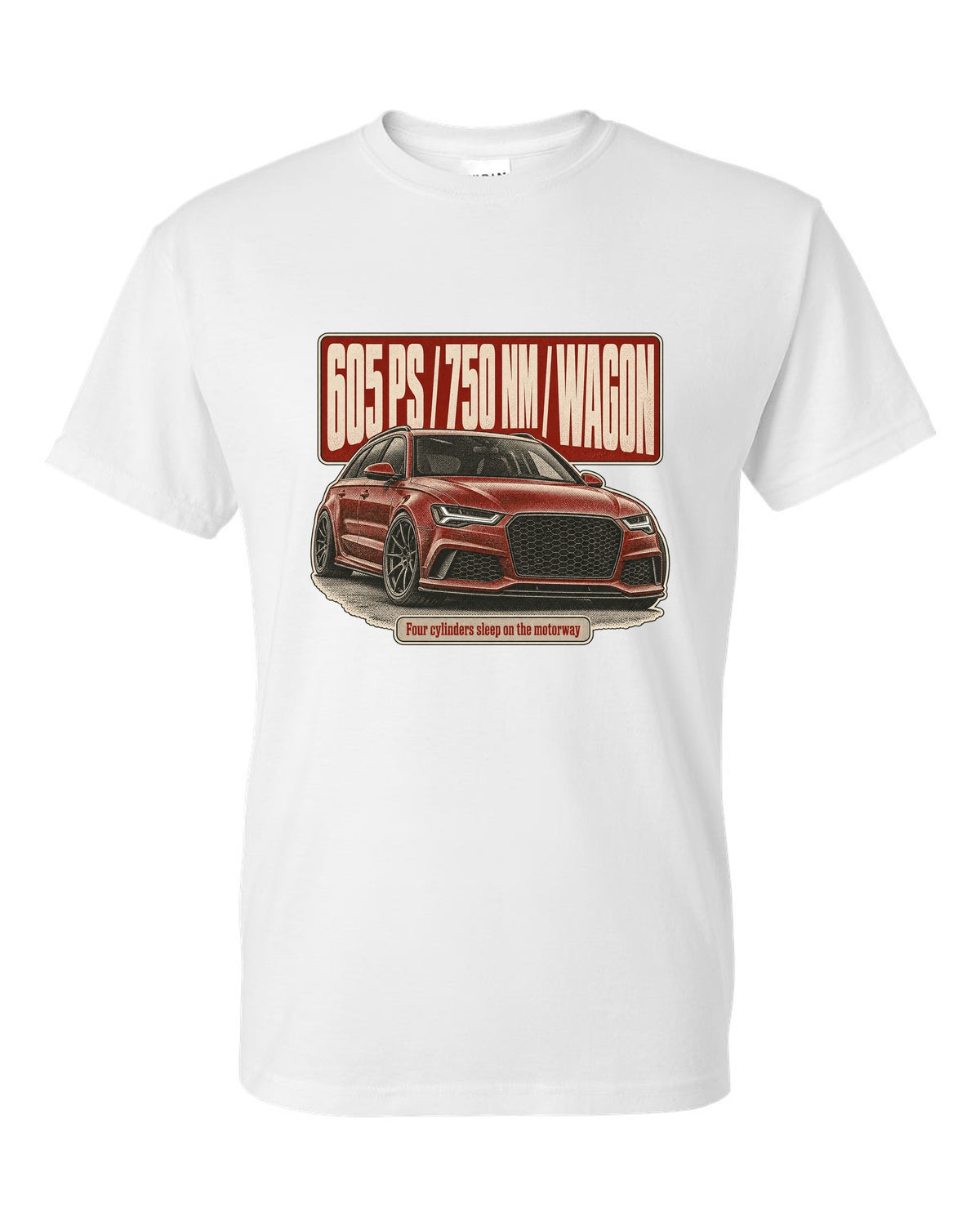 Audi RS6 Avant Performance C7 halftone statement print with 605 PS white t-shirt front view with the design