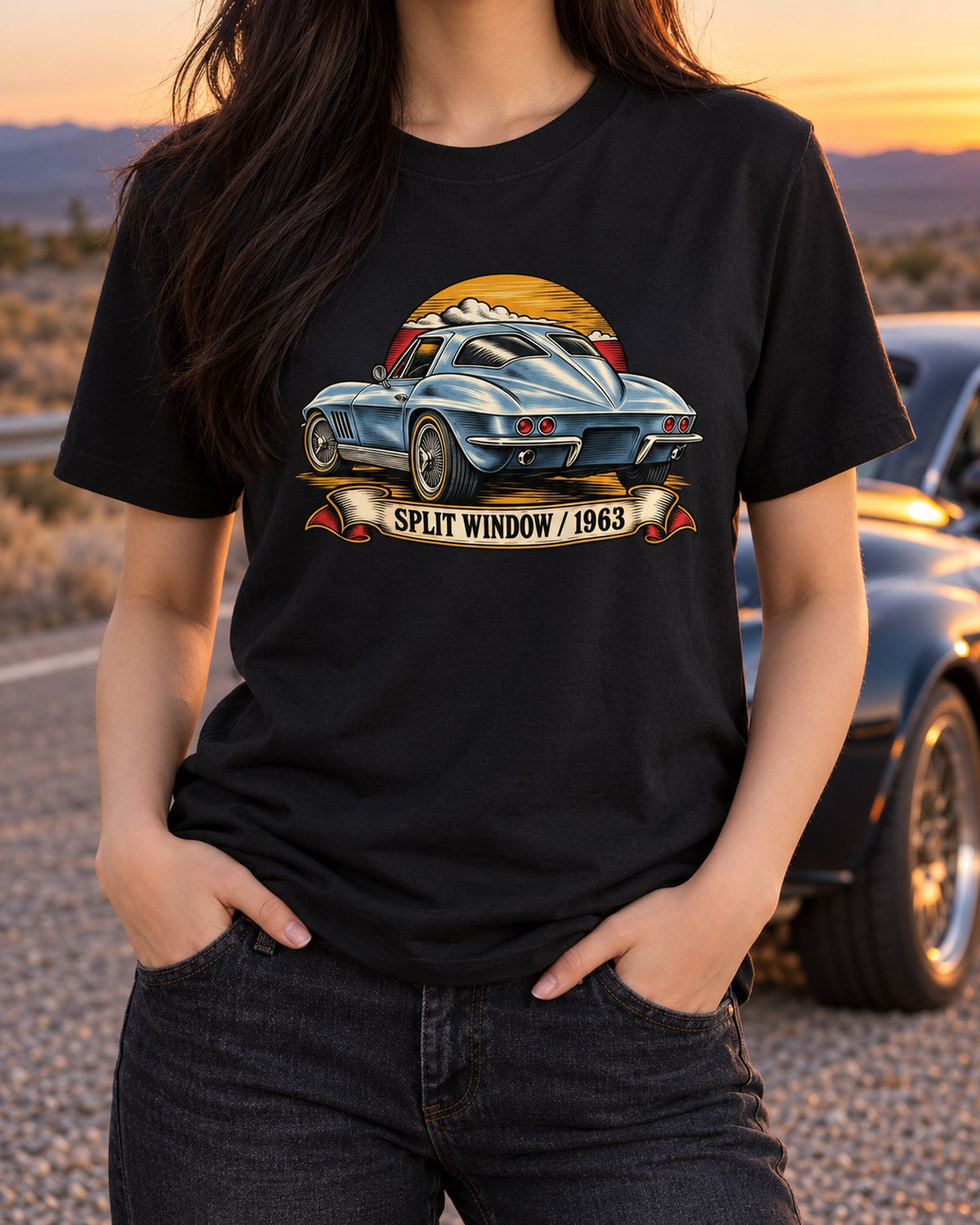 Corvette C2 Sting Ray 1963 Split Window Woodcut Shirt, Car Guy Gift T-Shirt Black worn hero