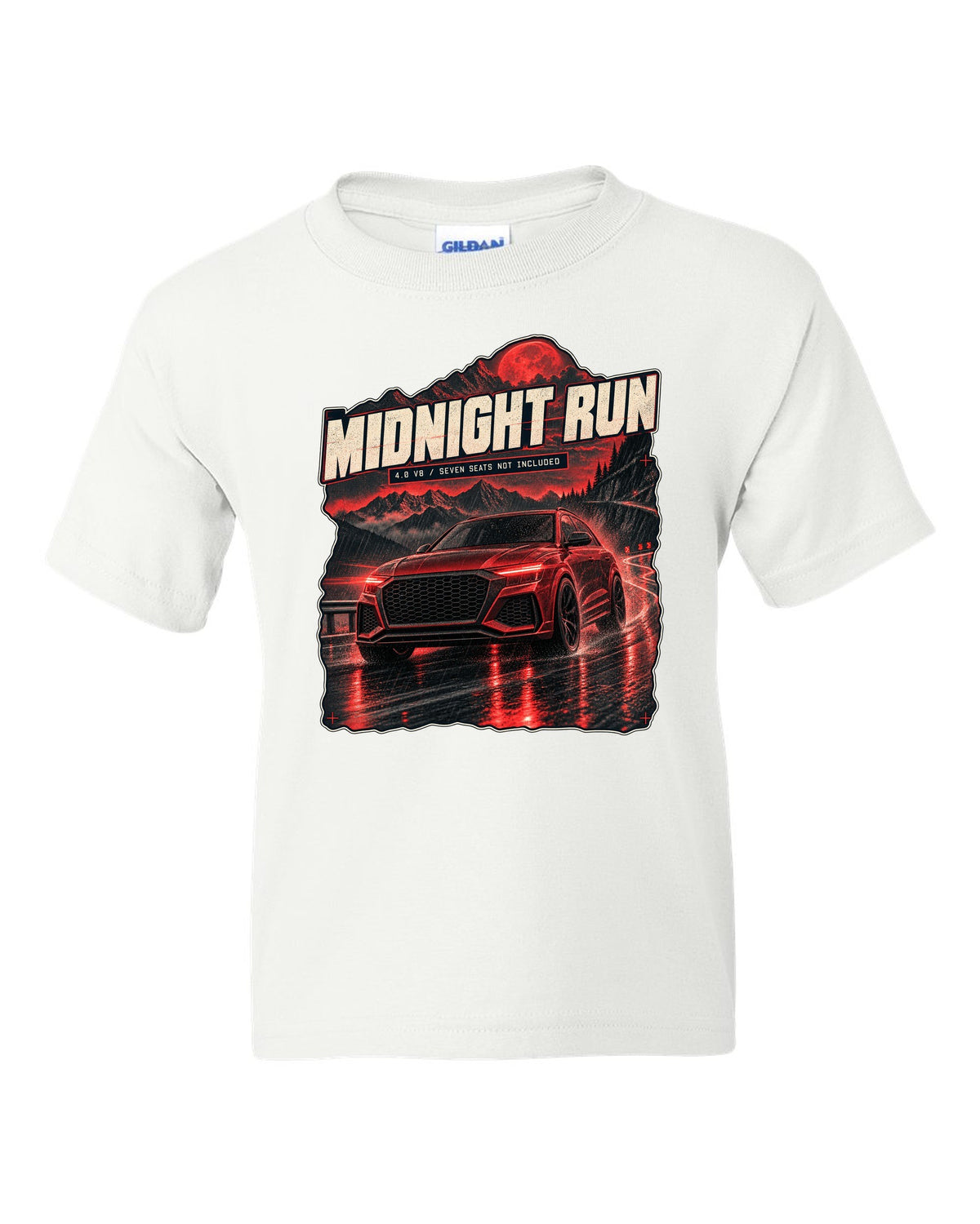 Audi RS Q8 night street scene print with midnight run text white kids tee front view with the design