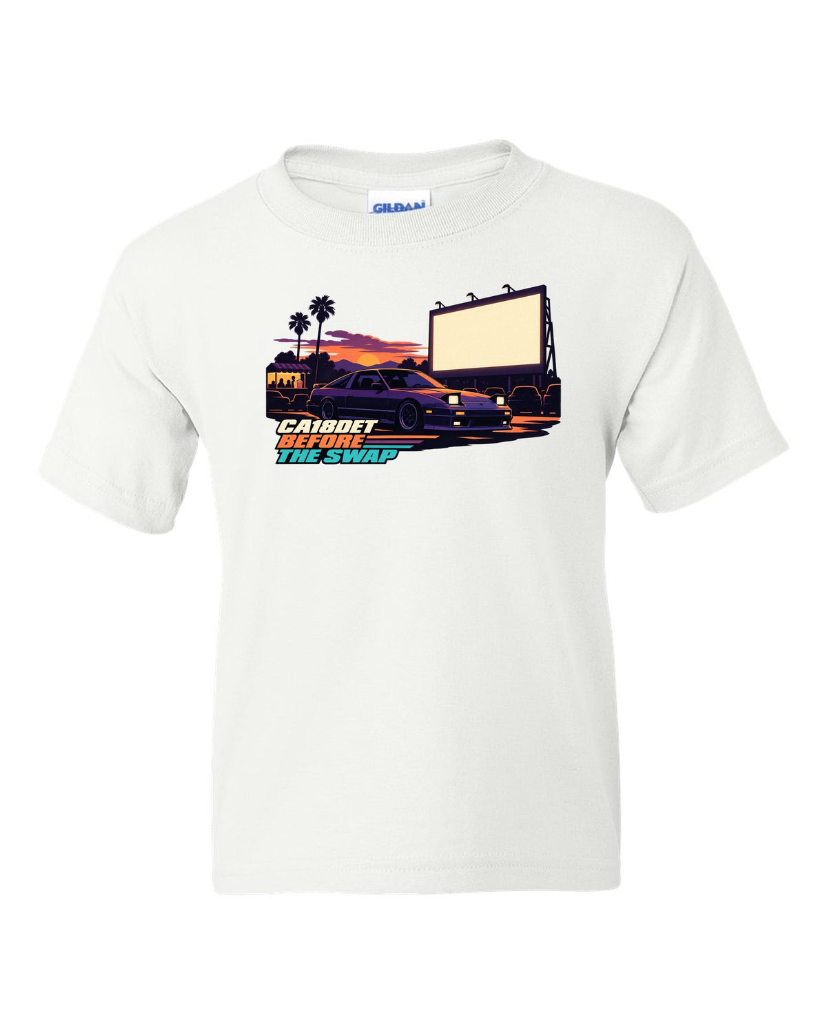 Flat vector drive-in print of a Nissan 180SX S13 with CA18DET before the swap lettering white kids tee front view with the design