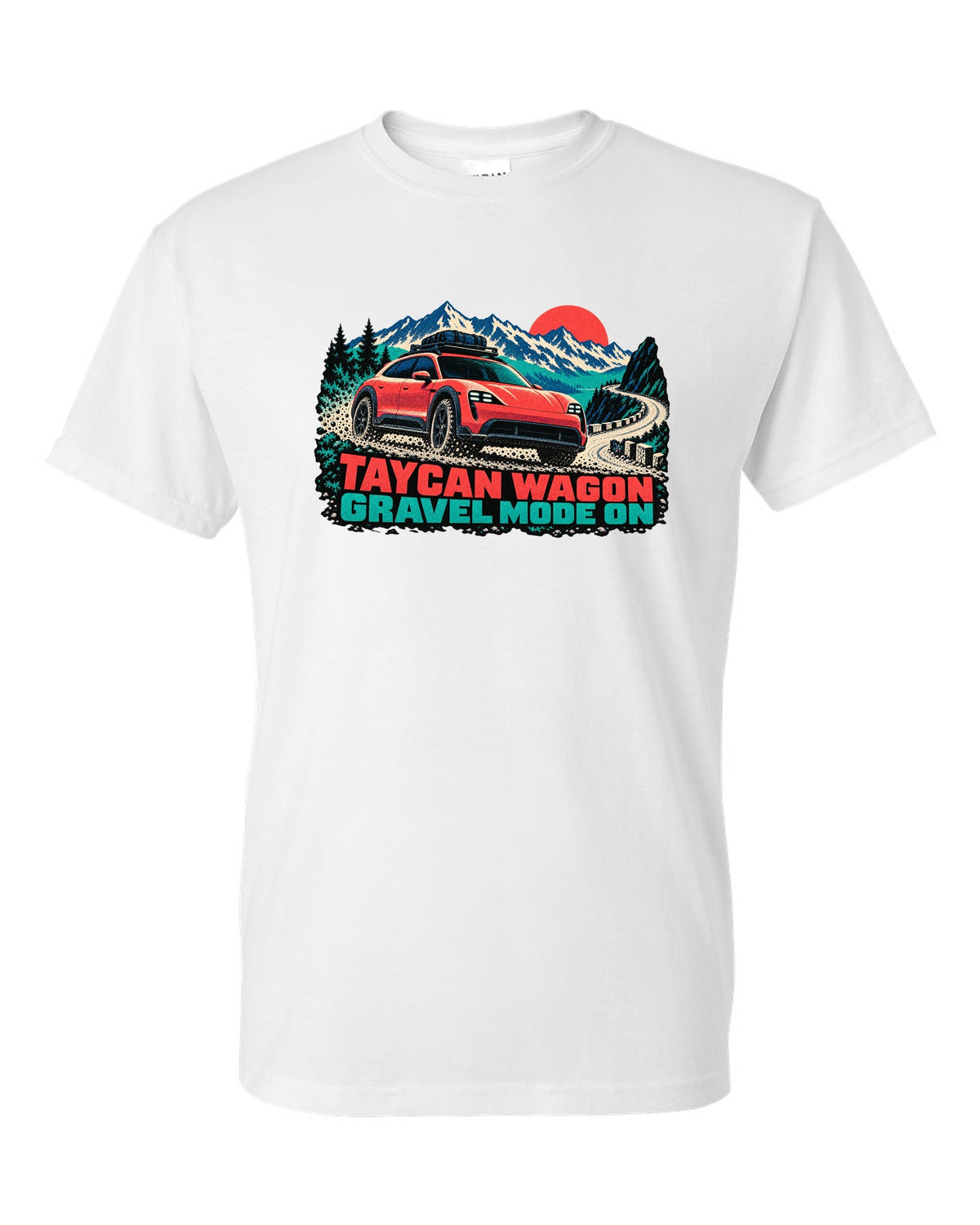 Porsche Taycan Cross Turismo Y1B risograph print with the text Taycan wagon gravel mode on white t-shirt front view with the design