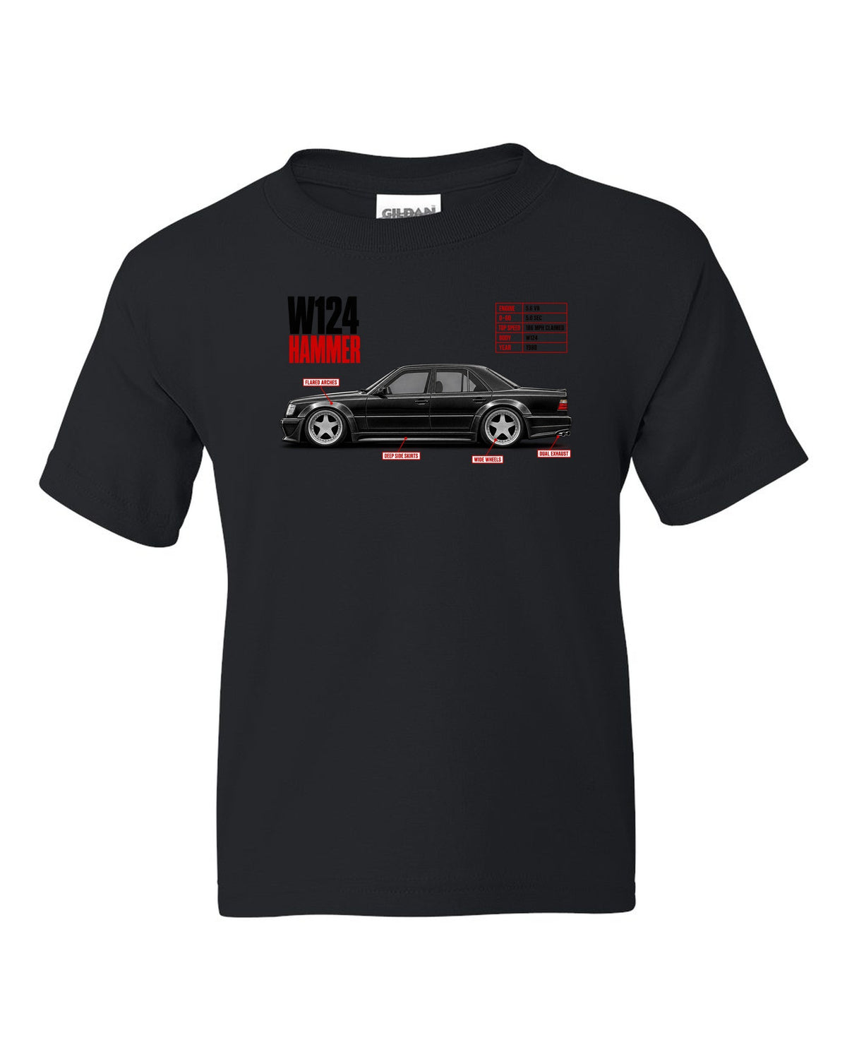 print spec poster of a Mercedes W124 Hammer with text 0-60 5.0 sec, 5.6 V8, 1988 black kids tee front view with the design