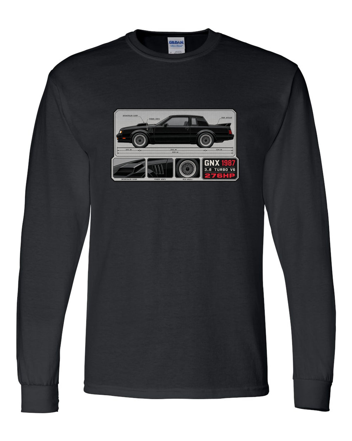 1987 Buick GNX datasheet spec layout with 3.8 turbo V6 and 276HP text black long sleeve front view with the design
